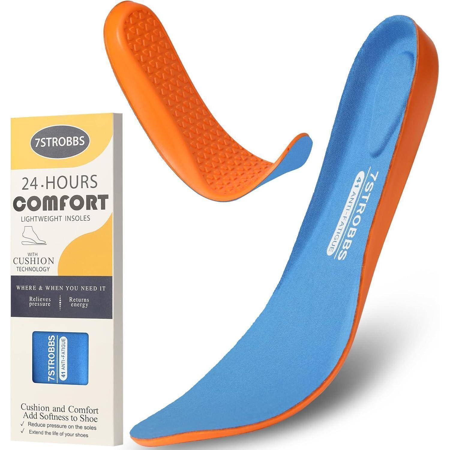 Einlagen mit blauen Oberteilen und orangefarbenen Böden, die für Komfort konzipiert sind. Die Verpackung zeigt '24 Stunden Komfort' und 'Fügen Sie Ihrem Schuh Weichheit hinzu'.