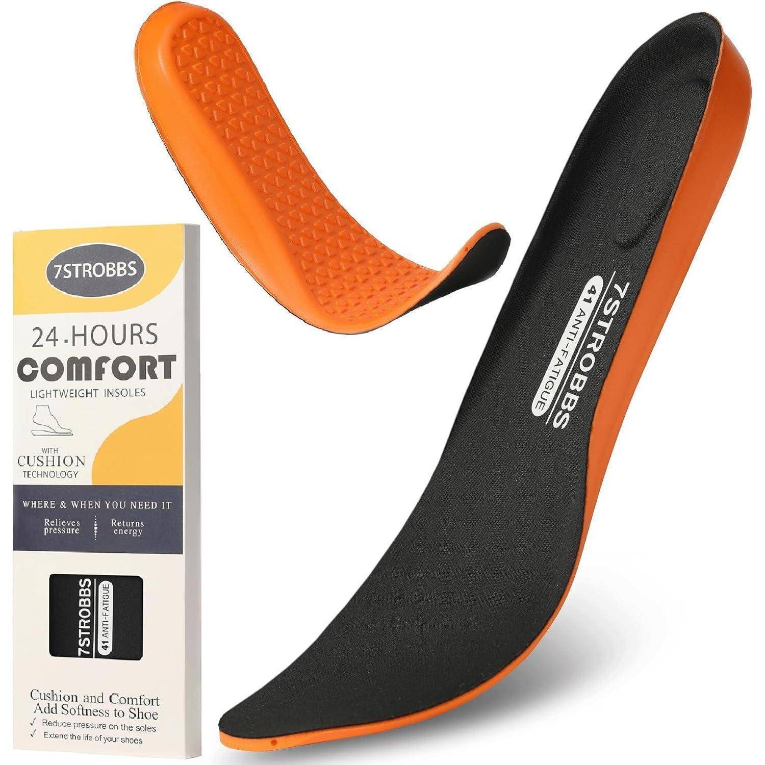 Schuh-Einlegesohlen mit orangefarbener und schwarzer Gestaltung, versehen mit der Markierung '24 Stunden Komfort' auf Verpackung und Produkt. Entwickelt für Polsterung und Energierückgabe.