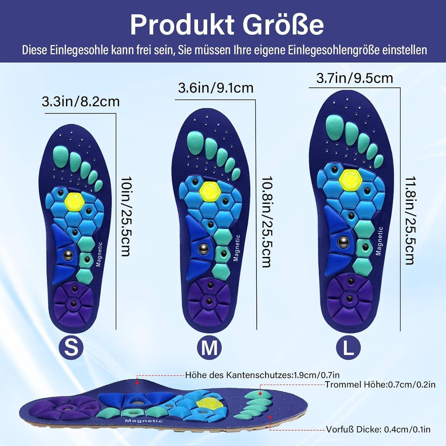Produkt Größe' Bild zeigt drei verschiedene Einlegesohlengrößen (S, M, L) mit Maßen: 3,3 Zoll/8,2 cm für S, 3,6 Zoll/9,1 cm für M und 3,7 Zoll/9,5 cm für L.