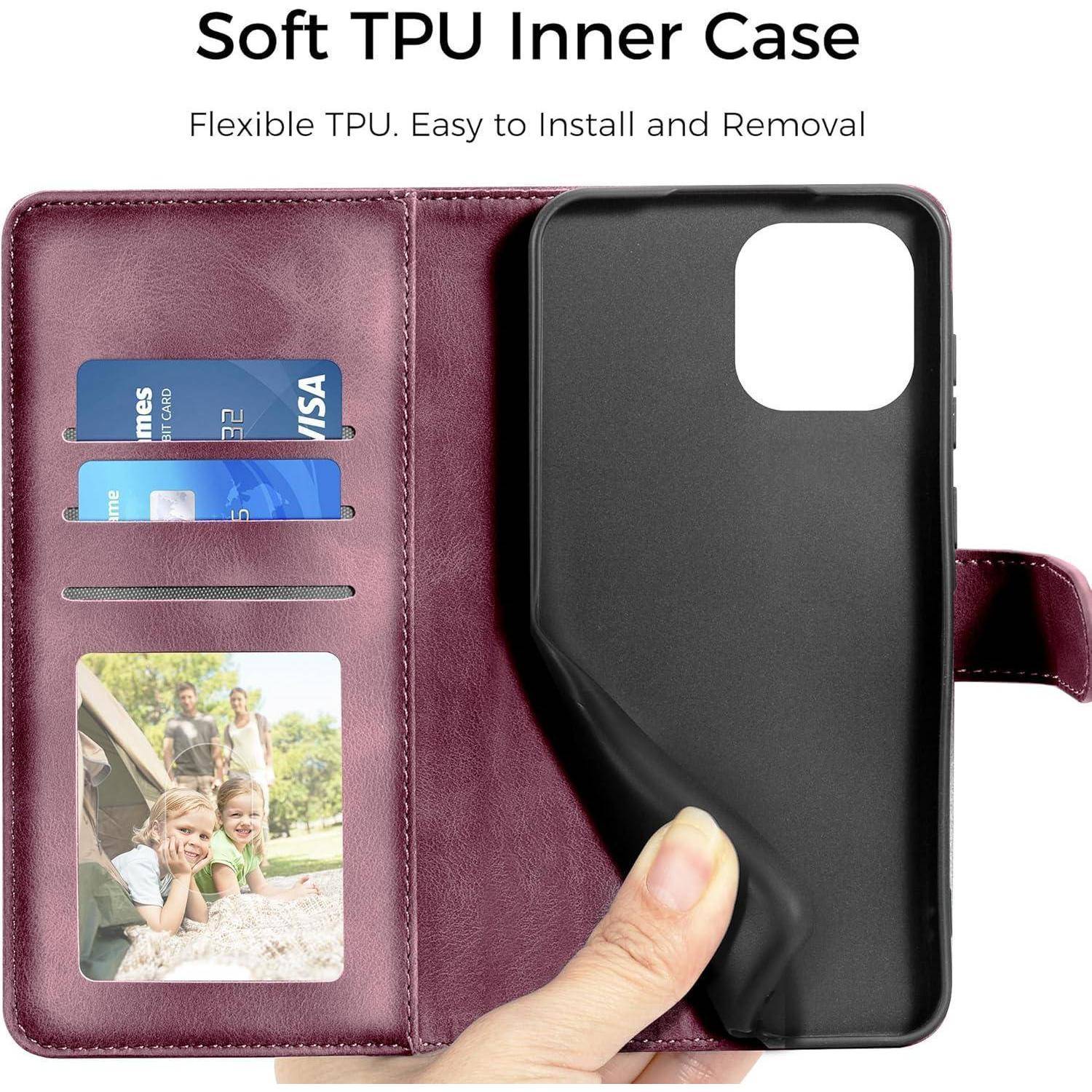 Weiche TPU-Innenhülle mit Kartenfächern und Fotofach. Text erklärt: 'Flexibles TPU. Einfach zu installieren und zu entfernen'.