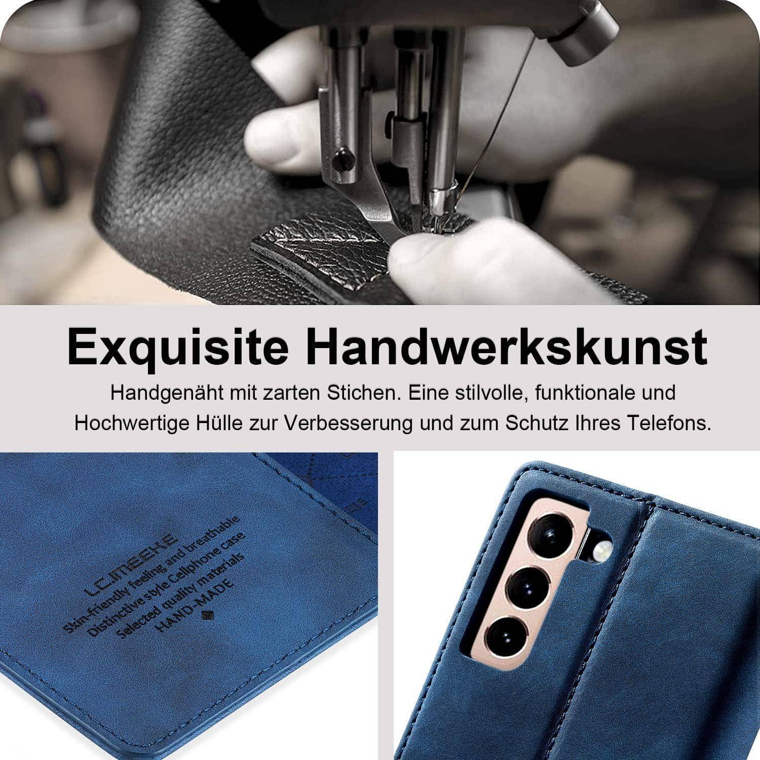 Ein Flyer, der eine Nähmaschine zeigt, die Leder näht und das Handwerk hervorhebt. Darunter eine blaue Handyhülle mit präziser Naht. Der deutsche Text betont die Qualität.