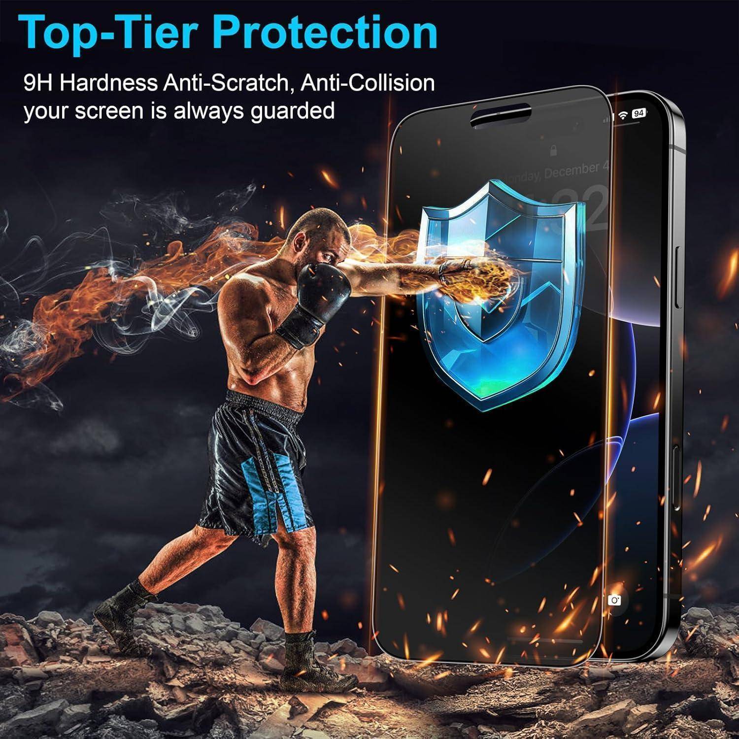 Ein Boxer schlägt auf einen Telefonbildschirm mit einem Schildsymbol, was einen starken Schutz veranschaulicht. Der Text lautet ‚Erstklassiger Schutz' mit Vorteilen wie Kratzfestigkeit und Stoßdämpfung.