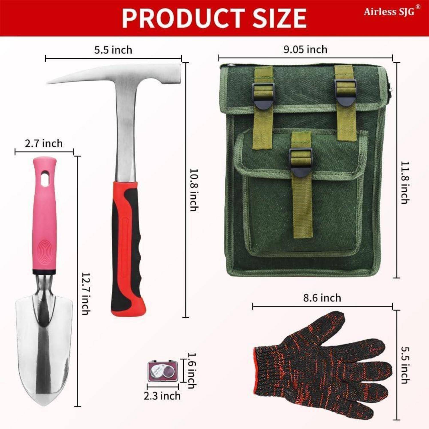 Ein Gartengeräte-Set mit Maßangaben: eine Handschaufel (12,7 x 2,7 Zoll), Unkrautstecher (10,8 x 5,5 Zoll), Werkzeugtasche (11,8 x 9,05 Zoll), Handschuh (8,6 Zoll) und eine Sprühflasche (2,3 Zoll).