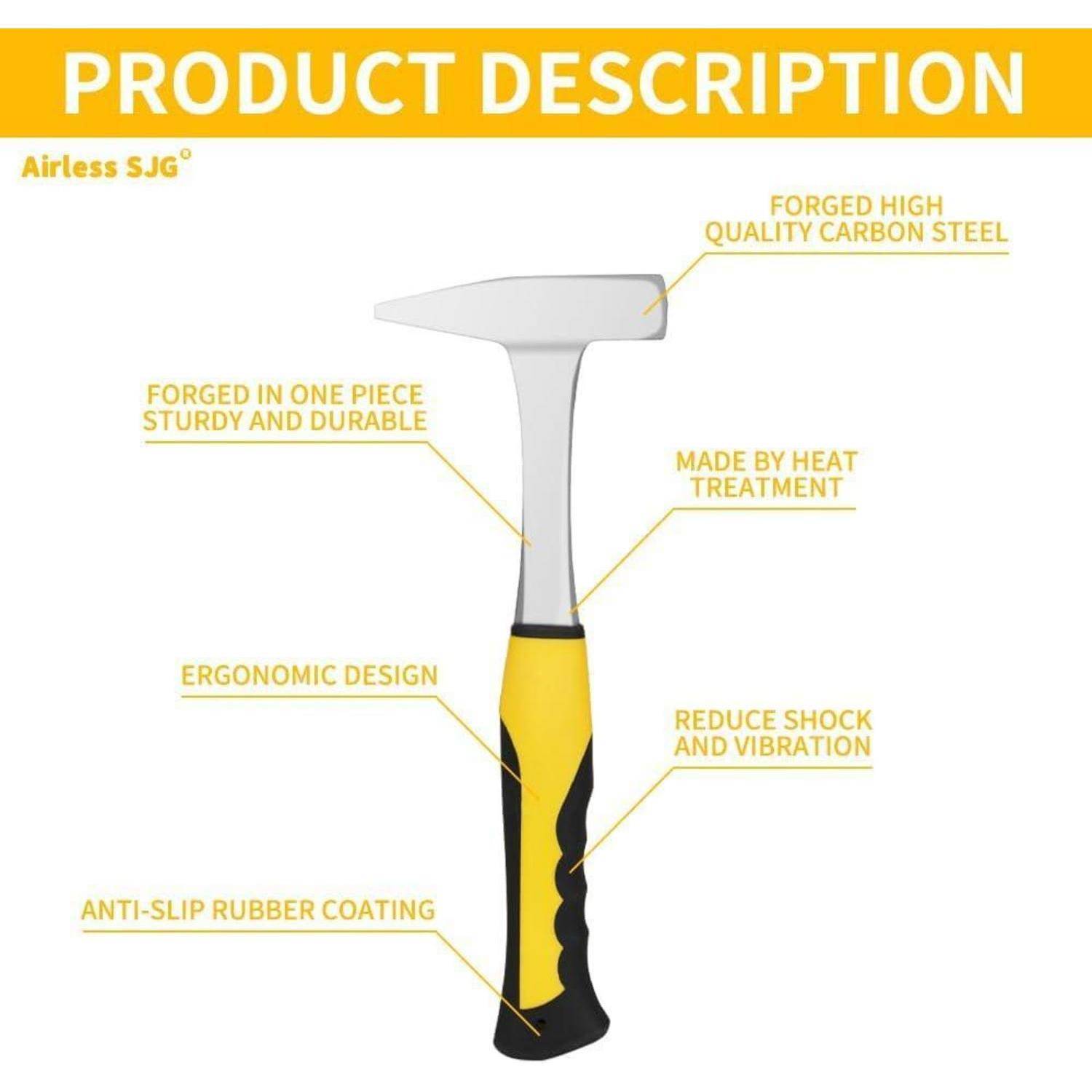 Ein Hammer mit weißem Kopf und gelbem Griff. Etiketten: 'Geschmiedeter Qualitätskohlenstoffstahl', 'Ergonomisches Design', 'Rutschfeste Gummibeschichtung', 'Reduziert Schock und Vibration', 'Durch Wärmebehandlung hergestellt'.