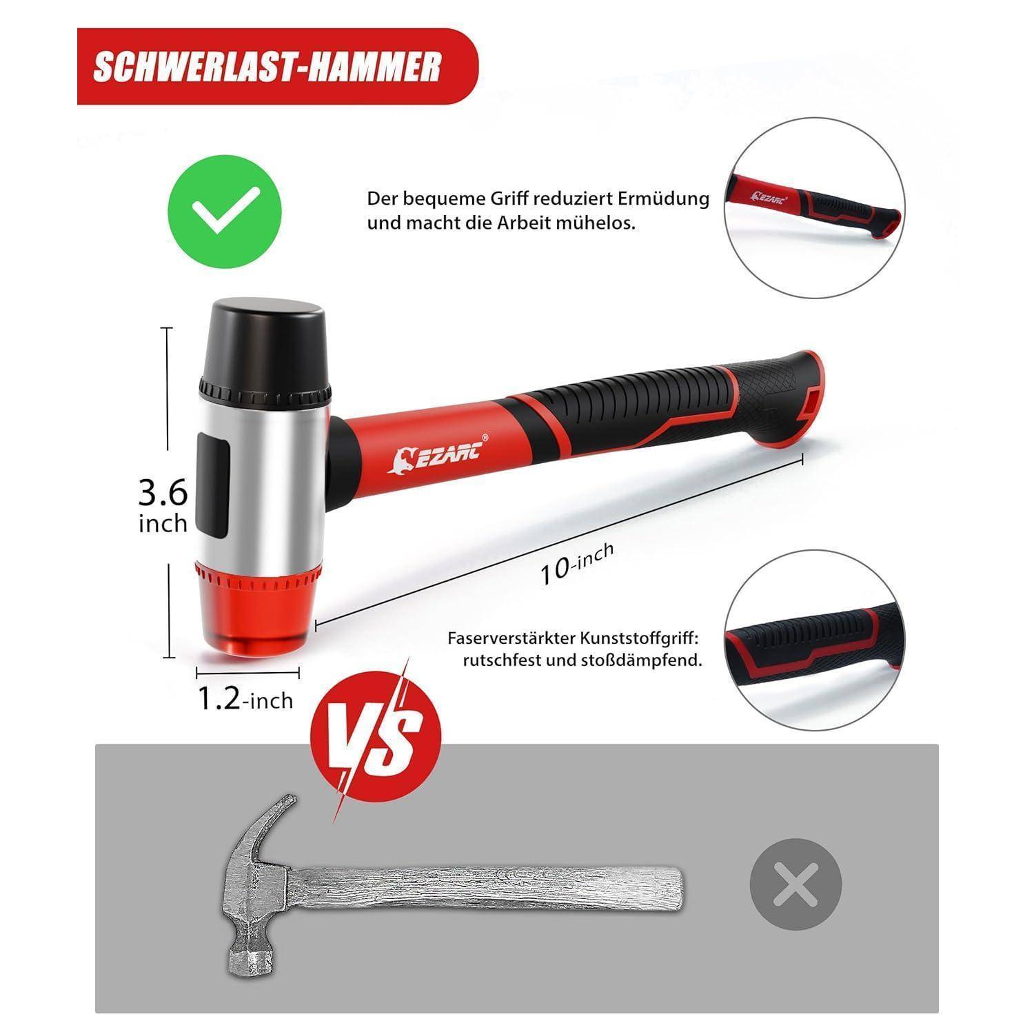 Ein Gummihammer mit beschrifteten Abmessungen: 10 Zoll Länge, 3,6 Zoll Kopfhöhe, 1,2 Zoll Kopfbreite. Behauptet, Ermüdung zu reduzieren. Gegenüberstellung mit einem traditionellen Hammer wird dargestellt.