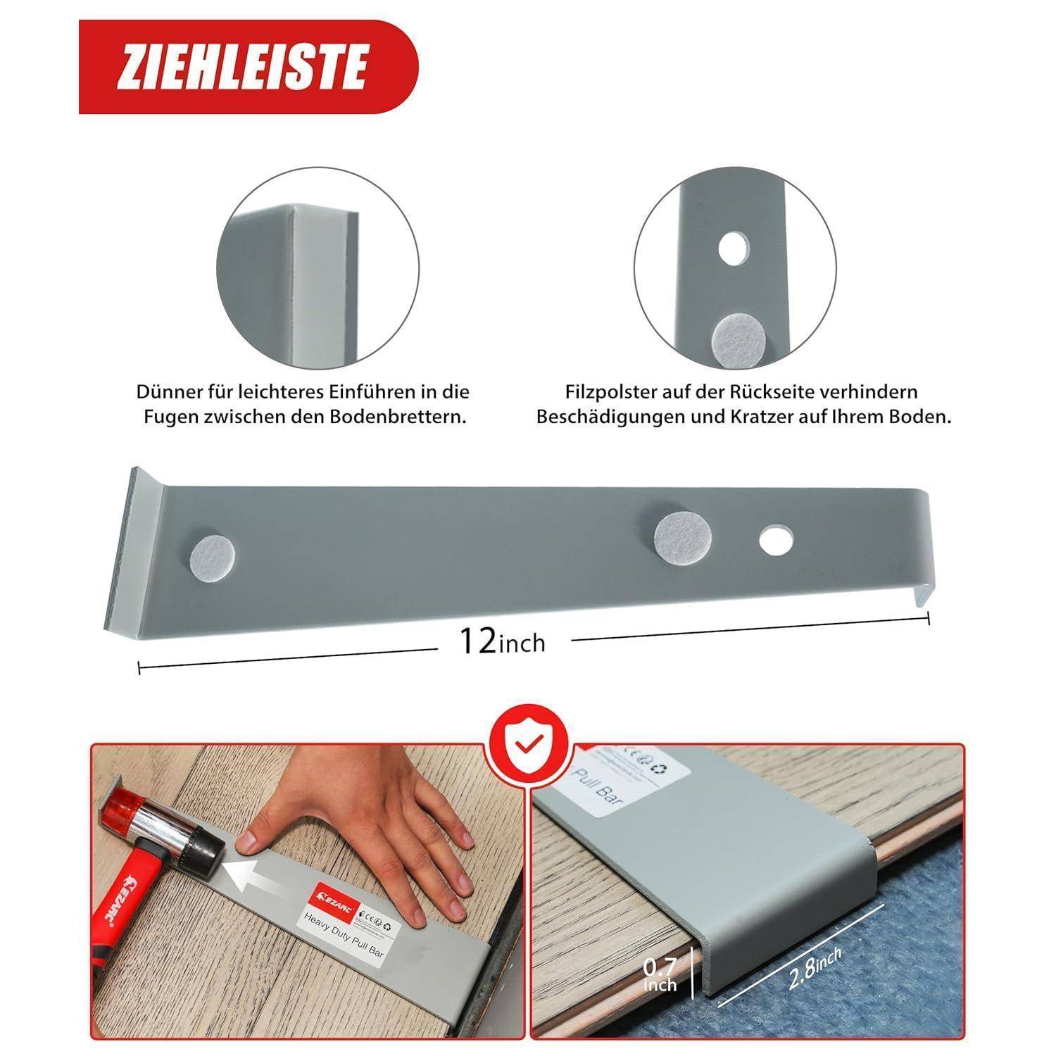 Ein Metallzugwerkzeug für die Bodenverlegung, mit Maßen: 12 Zoll lang, 2,8 Zoll breit. Mit illustrierter Anwendung an einer Bodenplanke.