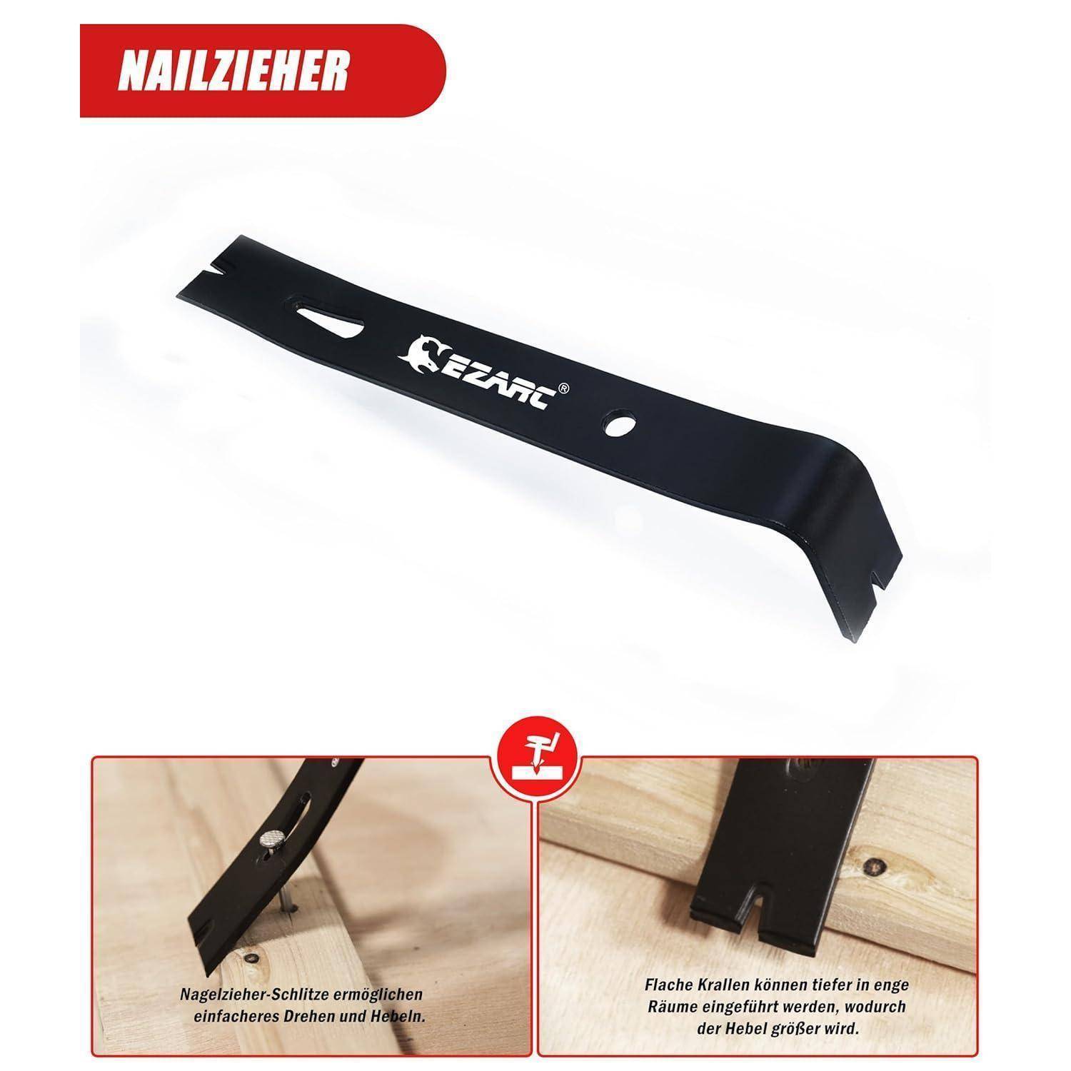 "Nagelzieher" in roter Bannerschrift oben. Bild eines schwarzen Nagelziehers mit der Marke ""Ezarc"". Untere Bilder zeigen seine Anwendung beim Entfernen von Nägeln.