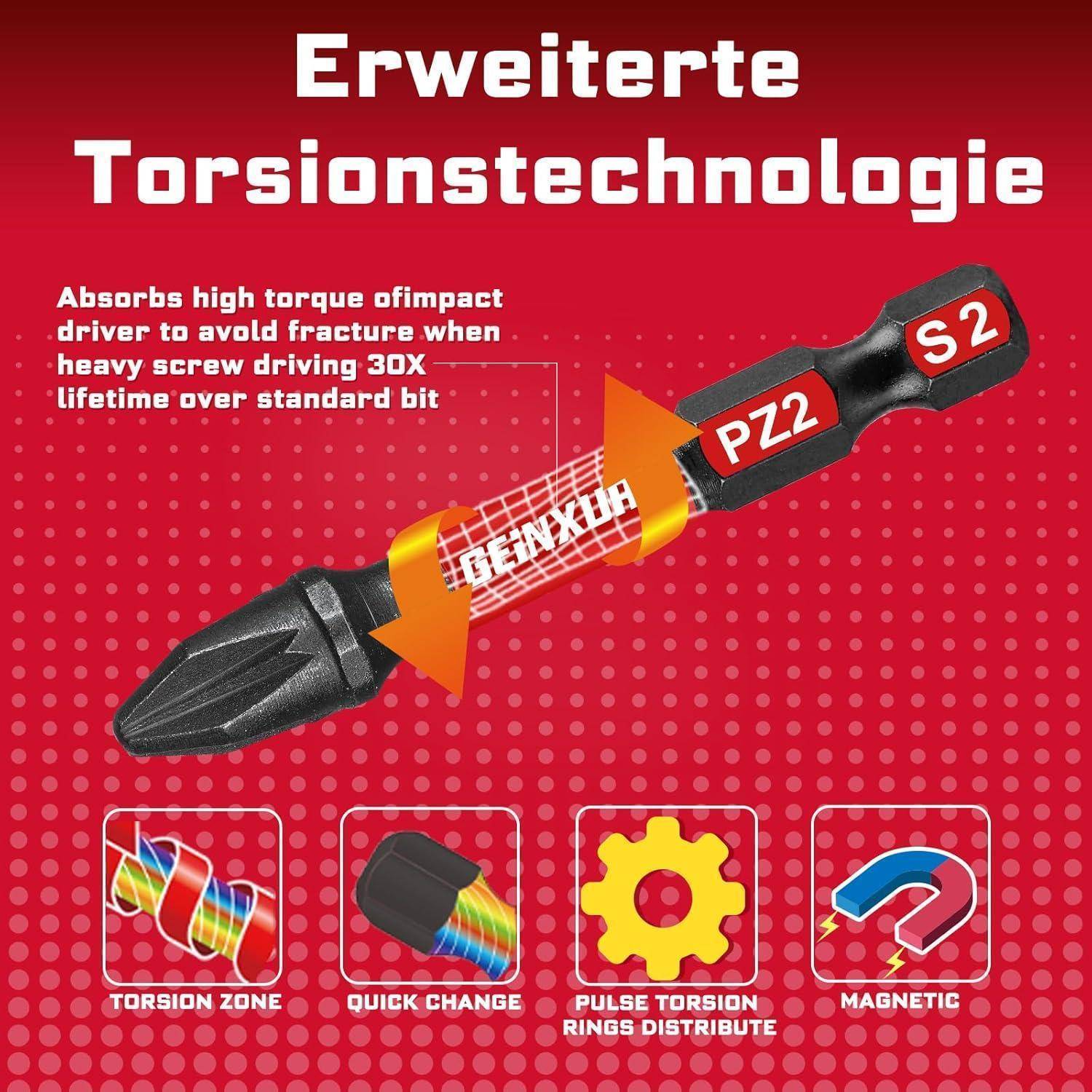 „Erweiterte Torsionstechnologie"-Bit absorbiert Stoßkräfte für Haltbarkeit beim Einsatz in schweren Schraubverbindungen. Zu den Merkmalen gehören schneller Wechsel, Torsionsringe und magnetische Spitze.
