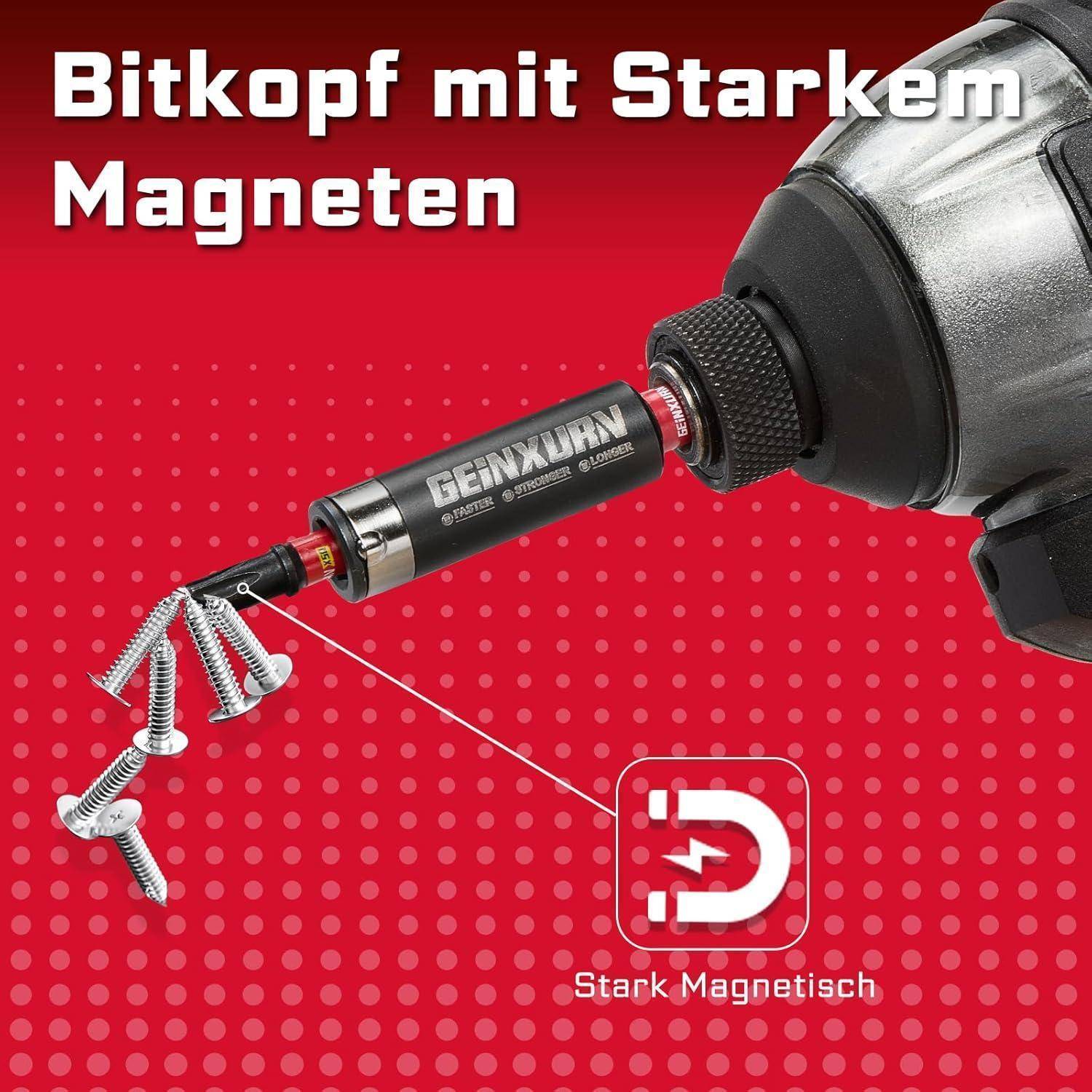 Ein Bohrer mit einem starken Magneten hält mehrere Schrauben. Text liest sich als 'Bithalter mit starkem Magneten' und 'Stark Magnetisch'.