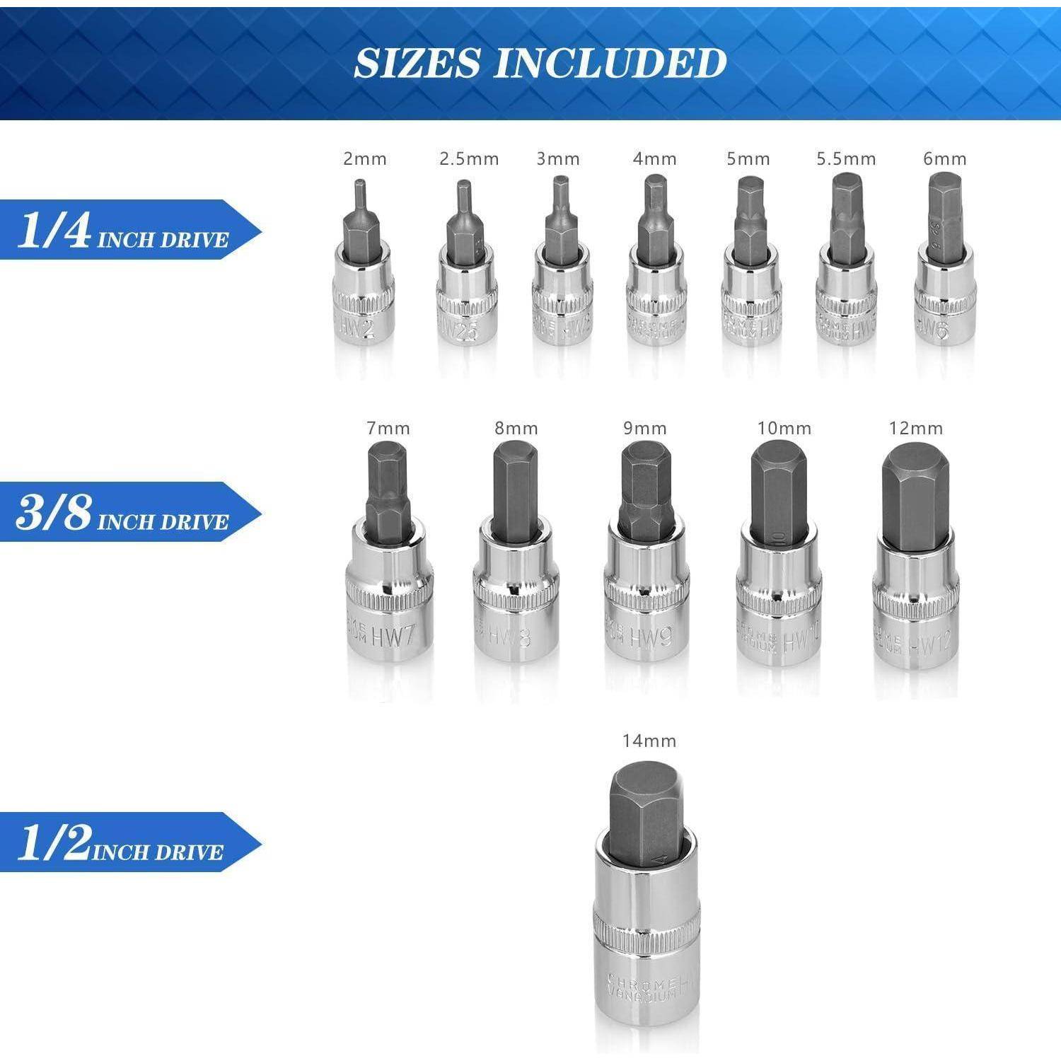Das Bild zeigt Steckschlüsselsätze, sortiert nach Antriebsgröße: 1/4 Zoll (2mm bis 6mm), 3/8 Zoll (7mm bis 12mm) und 1/2 Zoll (14mm).