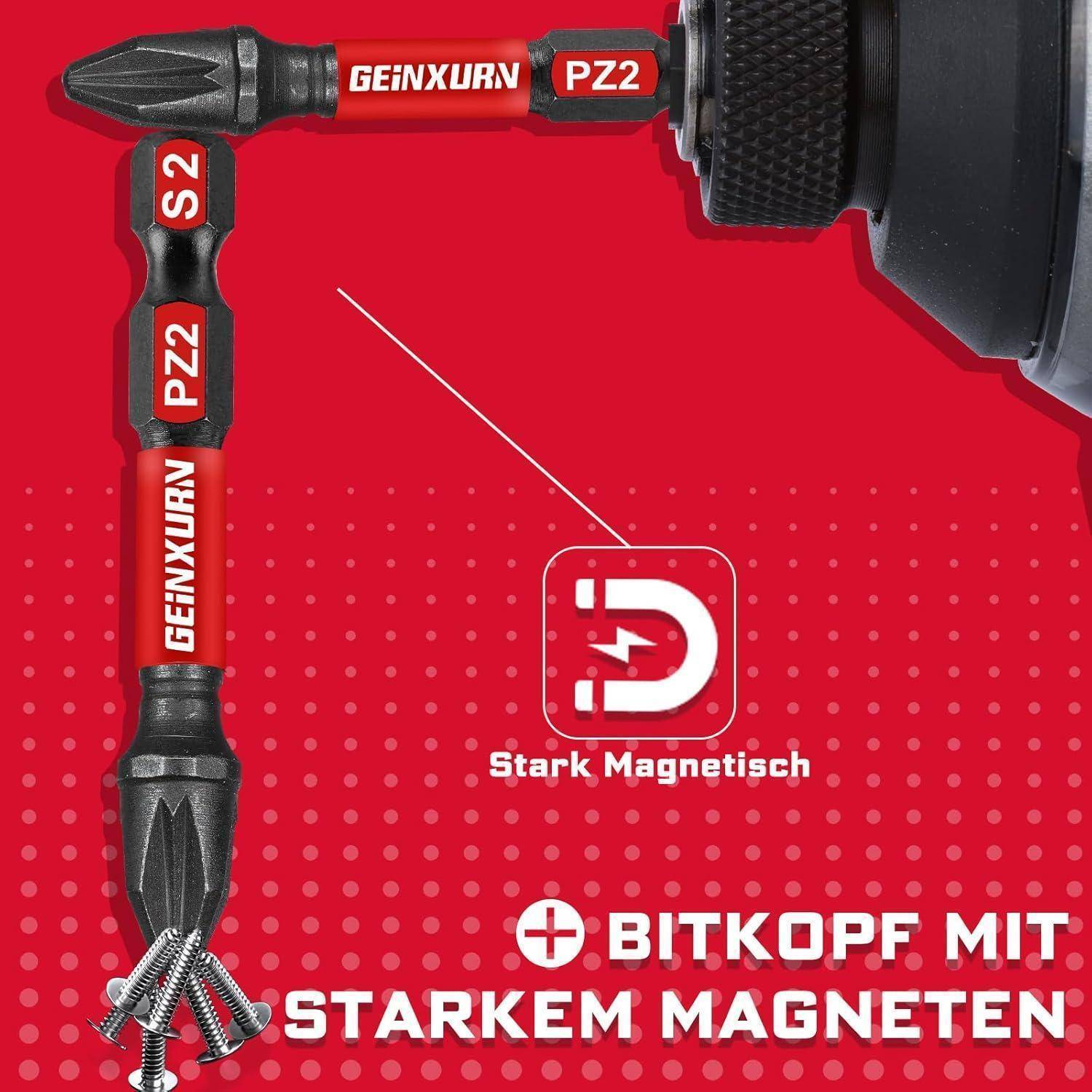 Nahaufnahme eines roten und schwarzen magnetischen Schraubenziehereinsatz-Sets, beschriftet mit 'GEINXURN' und 'Stark Magnetisch', wobei die starke Magnetisierung hervorgehoben wird.