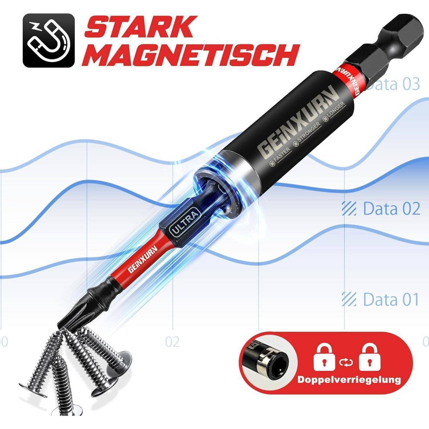 Magnetischer Schraubenadapter in Aktion, der mehrere Schrauben anzieht. Hintergrund mit Daten-Overlays. Text liest sich 