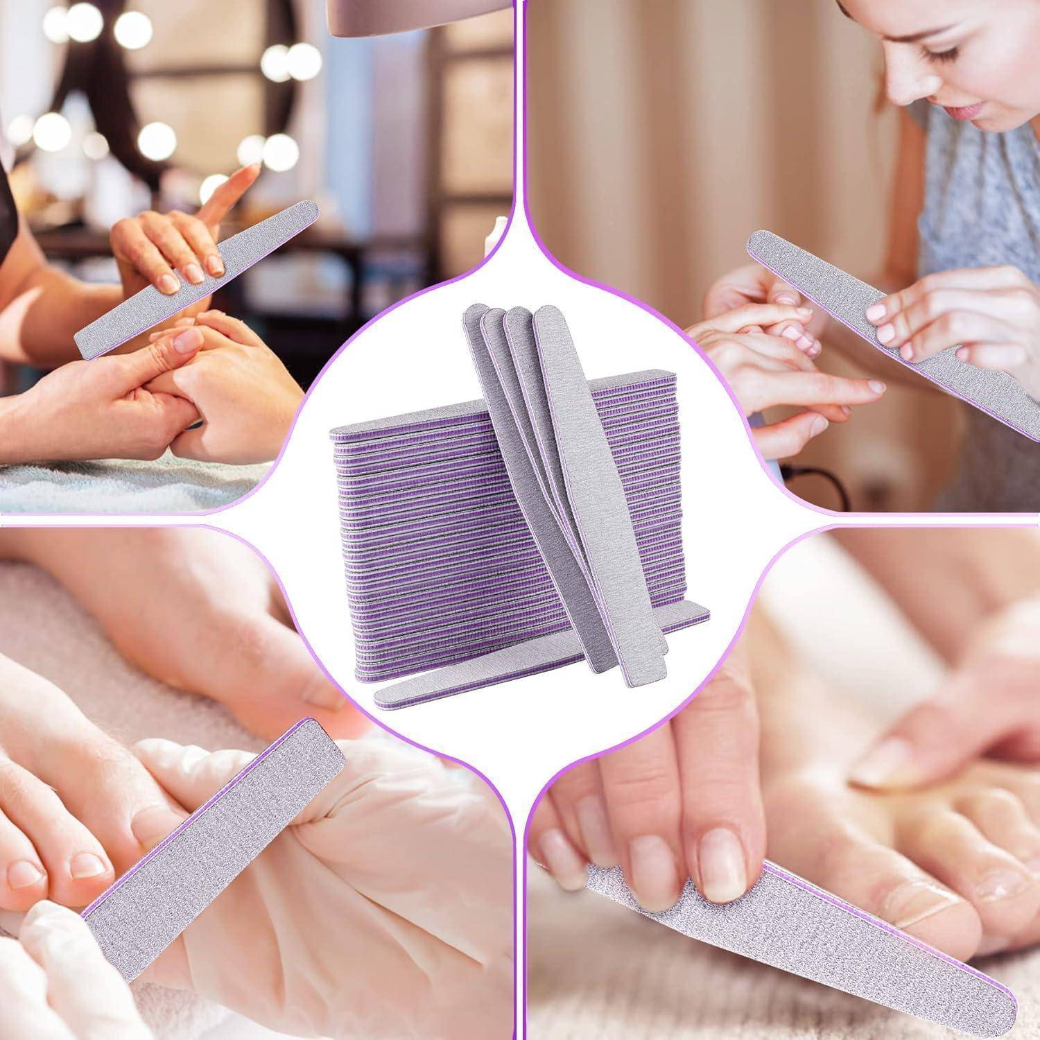 Ein Fotocollage, die vier Bilder von Händen zeigt, die Nagelfeilen an Nägeln verwenden, umgibt von einem zentralen Bild eines Stapels lila Nagelfeilen.