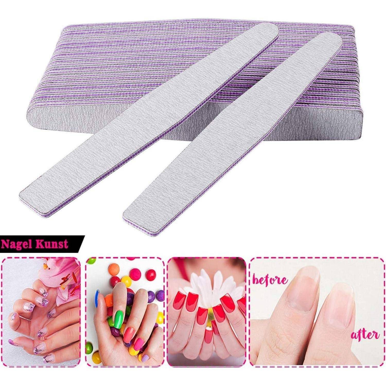 Nageldesign-Werkzeuge mit lila Nagelpuffern auf einem Stapel. Darunter befinden sich Nageldesigns mit den Beschriftungen 