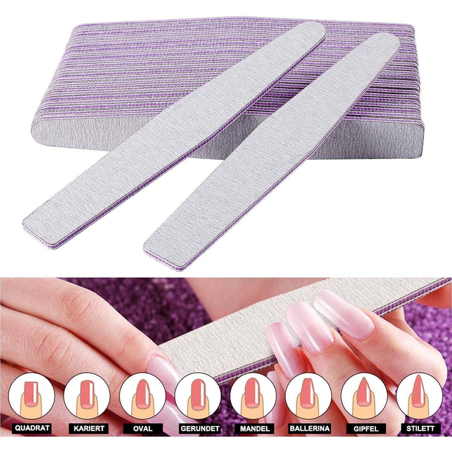 Zwei violette Nagelfeilen mit grober Textur. Darunter Bilder verschiedener Nagelformen: quadratisch, kariert, oval, rund, mandelförmig, Ballerina, Spitze, Stilett.
