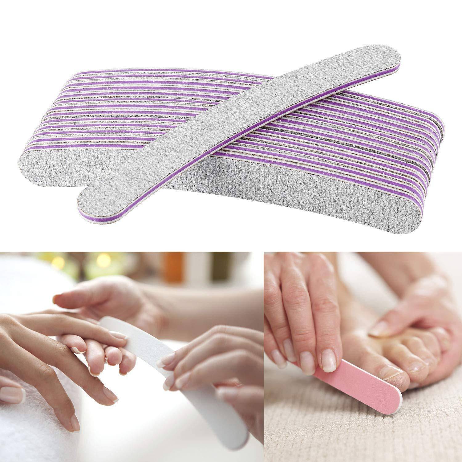 Eine Sammlung von Nagelfeilen und Polierblöcken in Lila und Weiß. Darunter zwei Bilder, die Hände zeigen, die ähnliche Werkzeuge für Maniküren an Nägeln verwenden.
