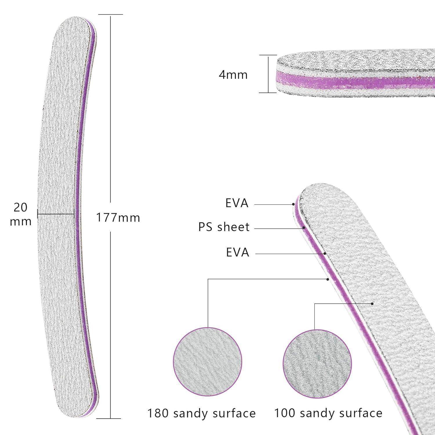 Darstellung der Schichten und Abmessungen einer Nagelfeile, die EVA, PS-Blatt und Sandoberflächen zeigt. Abmessungen von 177 mm x 20 mm, mit einer Dicke von 4 mm.