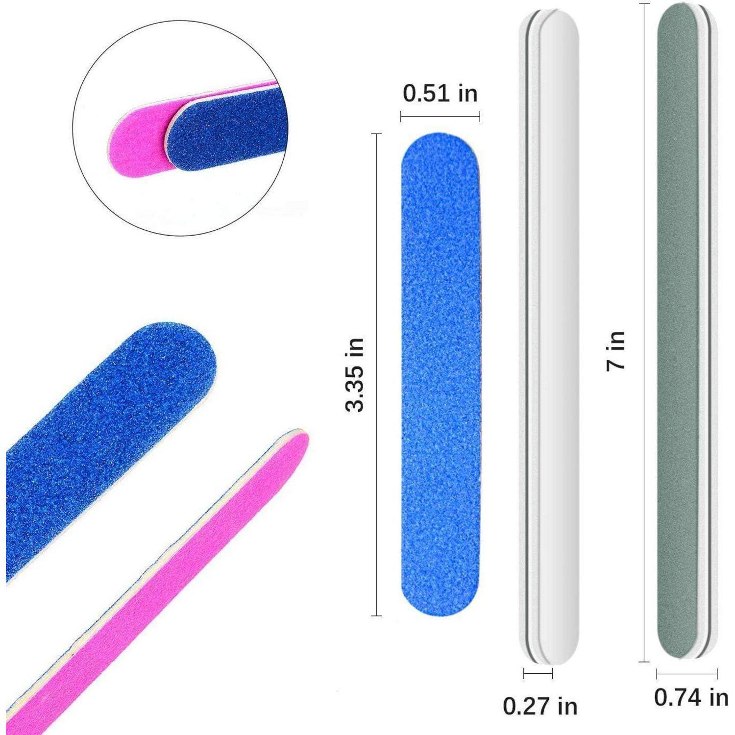 Das Bild zeigt zwei doppelseitige Nagelfeilen. Eine misst 3,35 x 0,51 Zoll und ist blau und rosa; die andere ist 7 x 0,74 Zoll groß und hat eine hell- und dunkelgraue Seite.