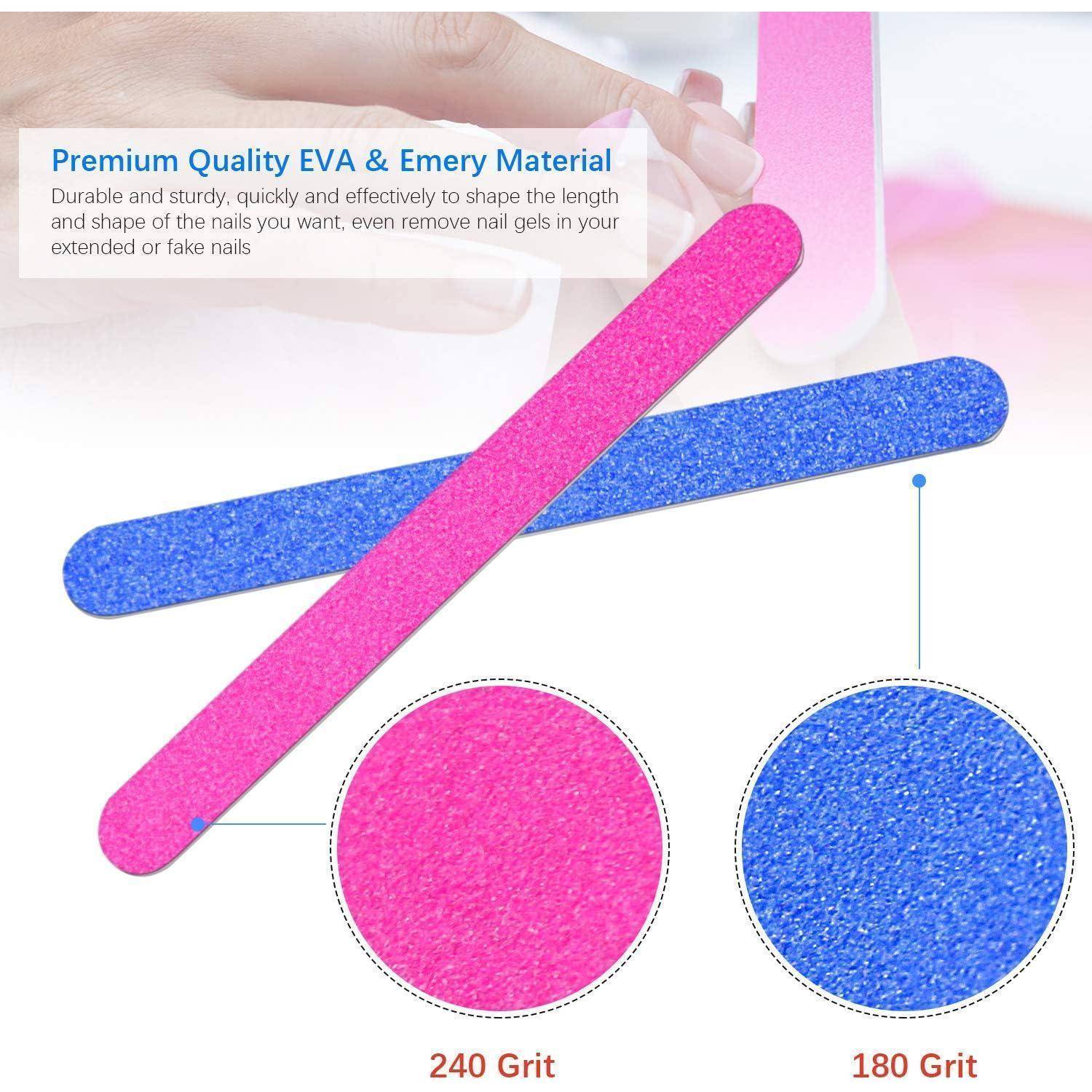 Eine Nahaufnahme von zwei bunten Nagelfeilen, eine blau und eine rosa, mit den Beschriftungen '240 Körnung' und '180 Körnung', mit Text, der deren Qualität und Verwendungszweck hervorhebt.