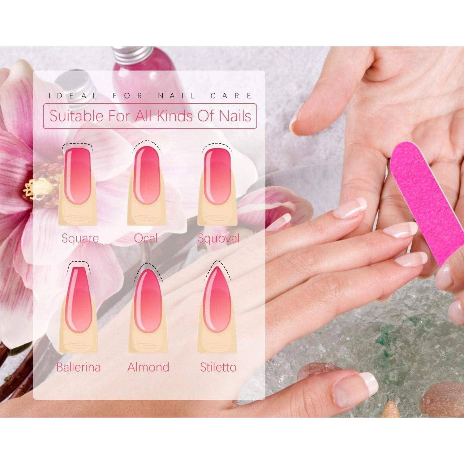 Eine Hand erhält eine Maniküre neben Illustrationen von sechs Nagelformen: quadratisch, oval, squoval, Ballerina, Mandel und Stilett.