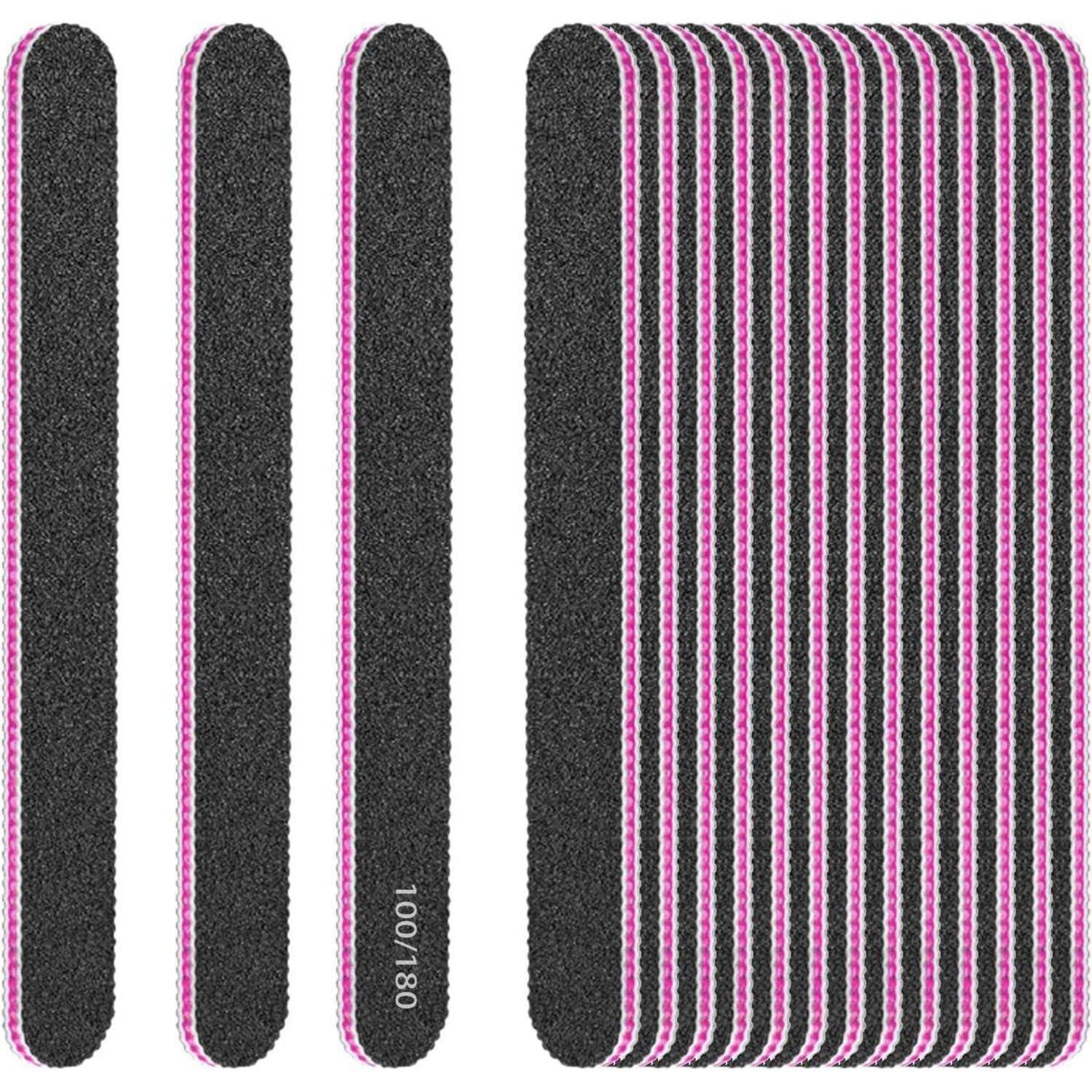 Ein Set aus schwarzen und rosa Nagelfeilen mit einer Körnung von '100/180', bei dem drei Feilen einzeln und ein Stapel Feilen auf der rechten Seite zu sehen sind.