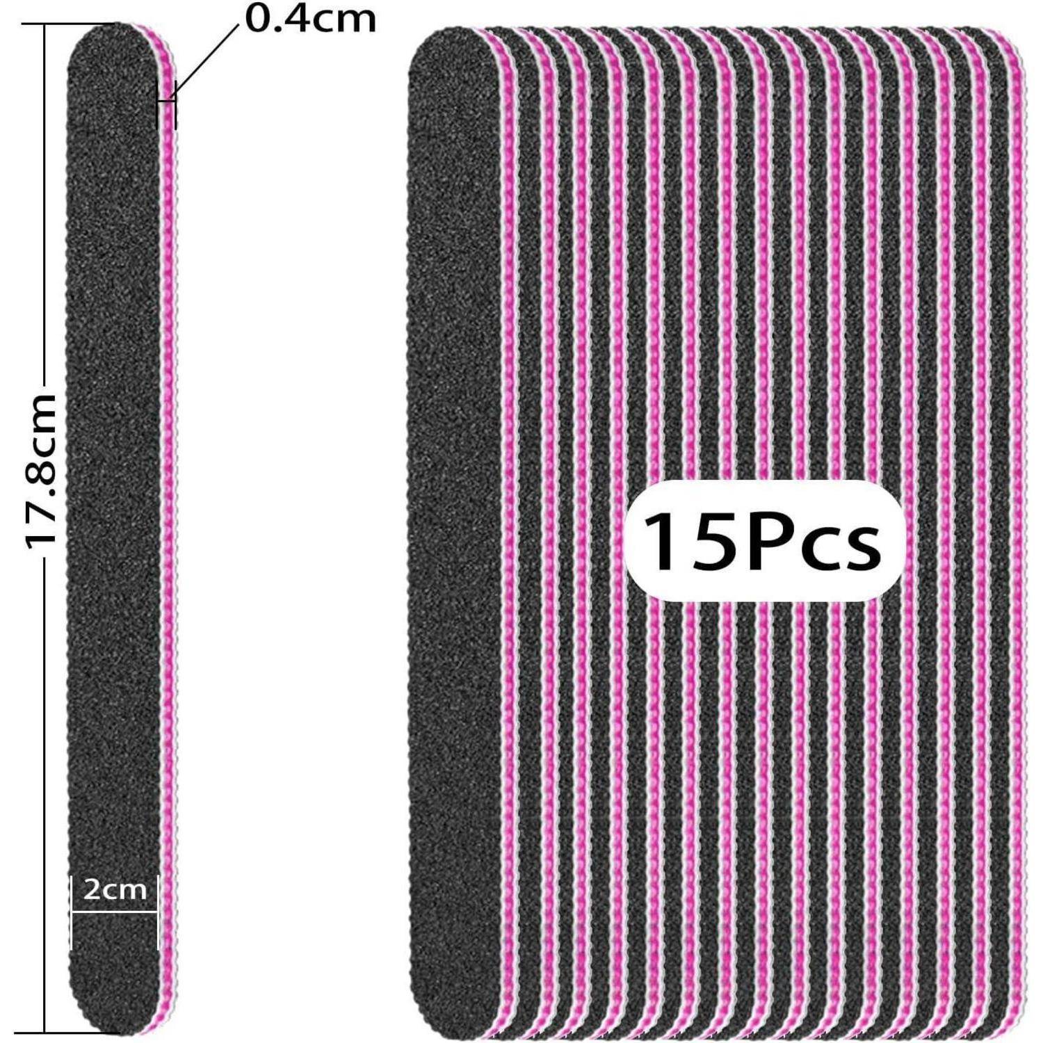 Ein Stapel von 15 schwarzen Schleifblöcken mit rosa Kanten, die jeweils 17,8 cm x 2 cm x 0,4 cm messen und zum Nagelfeilen verwendet werden.