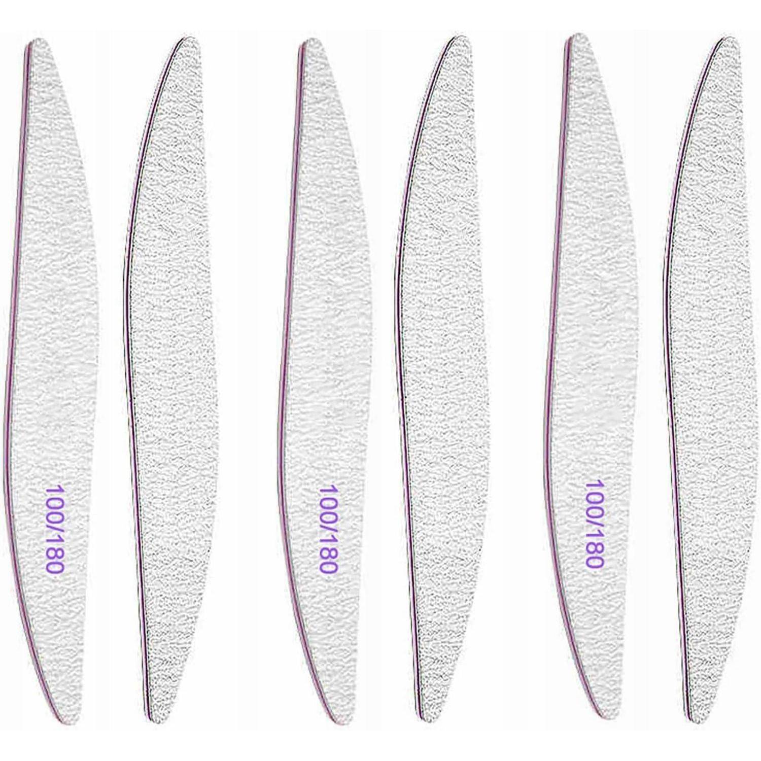 Sechs weiße Nagelfeilen mit geschwungenen Kanten, mit der Bezeichnung '100/180', sind in einer Reihe angeordnet und zeigen ihre Textur und Form.