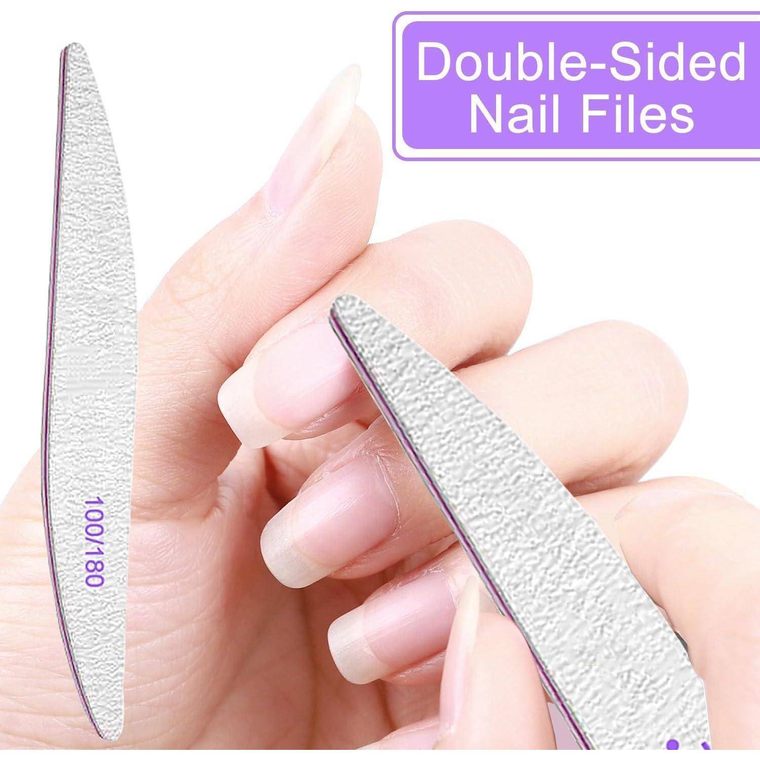 „Person hält eine doppelseitige Nagelfeile mit ‚100/180' Körnung, in einer lila Box mit der Aufschrift ‚Doppelseitige Nagelfeilen'.