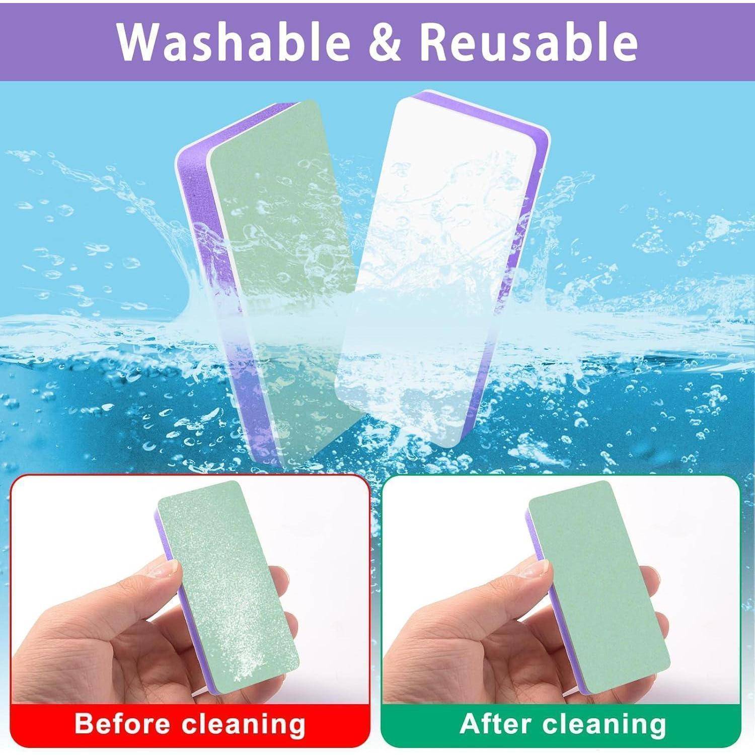 Waschbarer & wiederverwendbarer Reinigungspad. Bild zeigt den Pad, der im Wasser eingetaucht ist und dessen Verwendung demonstriert. Einschübe zeigen den Kontrast der Pad-Erscheinung vor und nach der Reinigung.