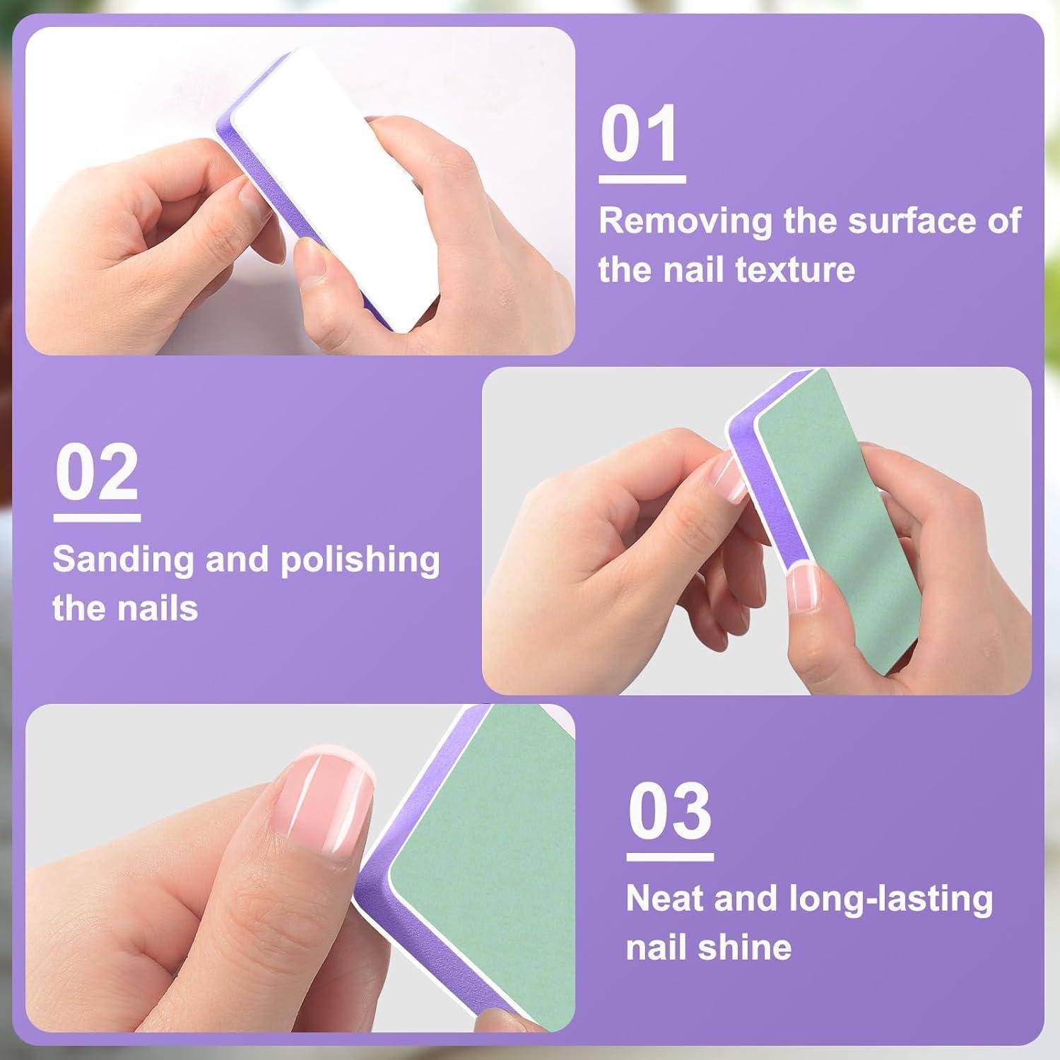 Das Bild zeigt drei Schritte zur Nagelpflege: 1. Oberflächenstruktur entfernen. 2. Nägel schleifen und polieren. 3. Einen gepflegten, glänzenden Finish erreichen.