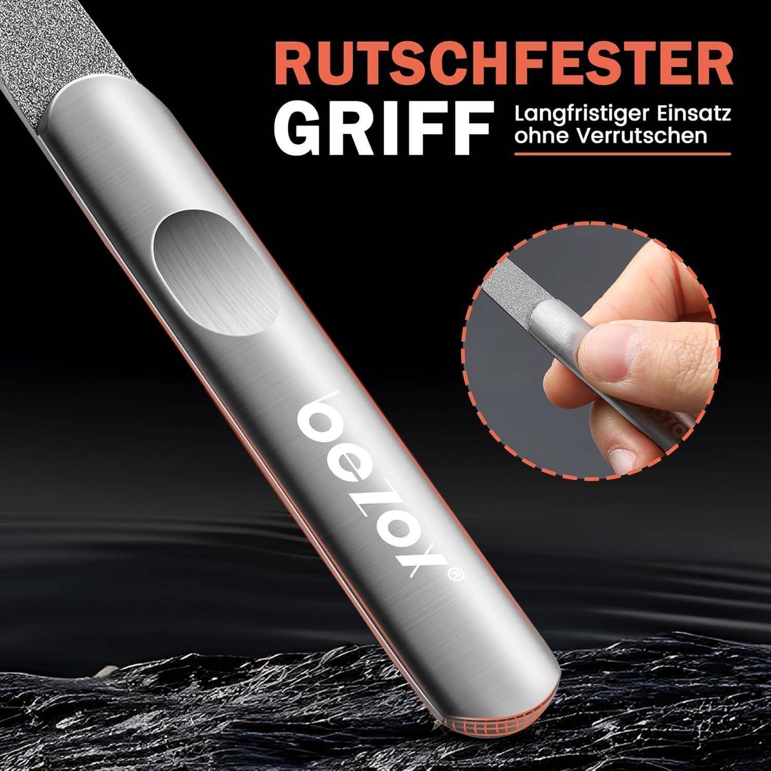 Bild zeigt ein Metallwerkzeug mit 'rutschfester Griff' Text, das einen rutschfesten Griff für langfristige Nutzung ohne Ausrutschen veranschaulicht.
