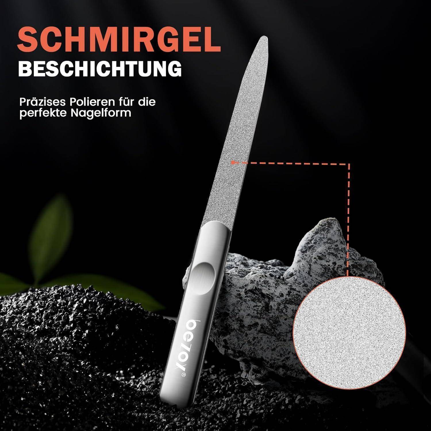 Nagelfeile mit präziser Politur für perfekte Nagelform, ausgestattet mit einer detaillierten Schmirgelbeschichtung. Schwarzer Hintergrund mit Felsen.