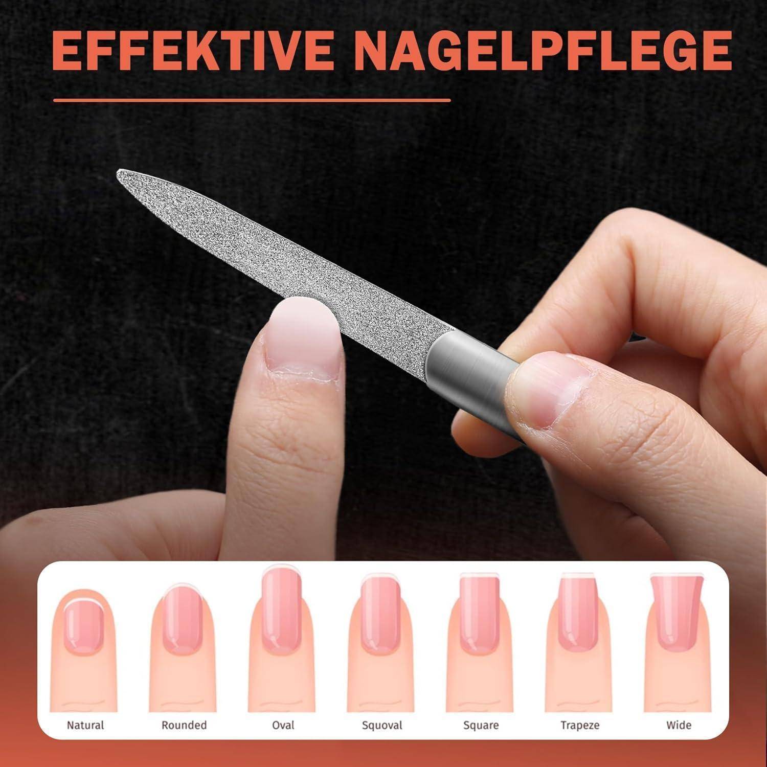 Eine Person feilt mit einer Nagelfeile an einem Fingernagel. Unten befinden sich Illustrationen von sechs Nagelformen: „Natürlich