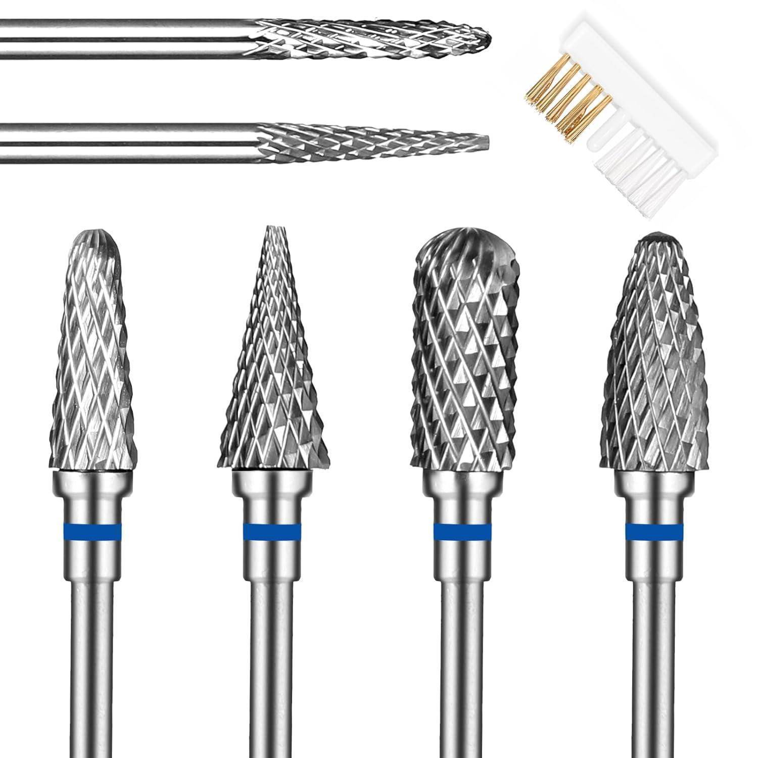 Satz von fünf Metallrotorbohrern mit unterschiedlichen Formen und Größen für verschiedene Schneidaufgaben, inklusive einer kleinen Reinigungsbürste.