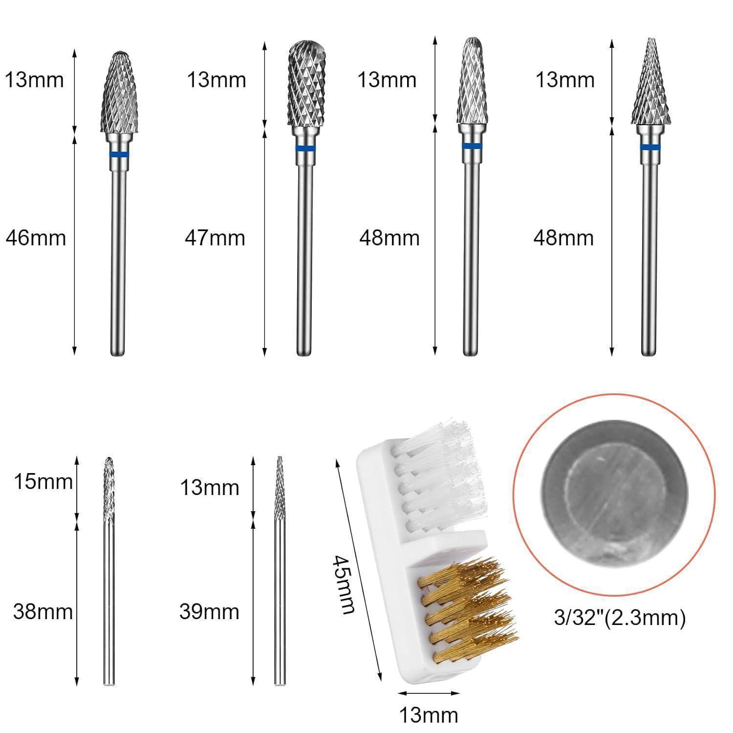Nagelfräser-Bit-Set mit sechs verschiedenen Typen, deren Länge zwischen 38 mm und 48 mm und deren Durchmesser zwischen 13 mm und 15 mm variieren.