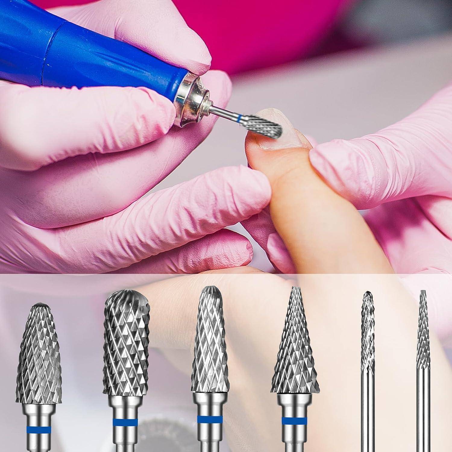 Ein Nageldesigner verwendet eine elektrische Feile an den Nägeln einer Kundin. Unten sind verschiedene Fräsaufsatztypen dargestellt, die die Werkzeugoptionen veranschaulichen.