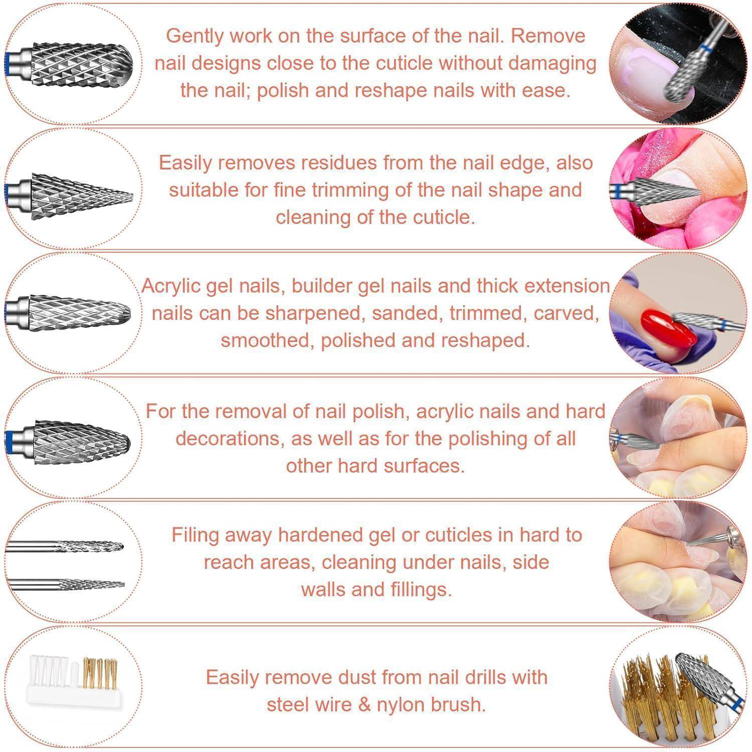 Eine Anleitung zu verschiedenen Nagelfräser-Aufsätzen und deren Verwendung: Entfernen von Gel- und Acrylnägeln; Feilen; Reduzieren von Rückständen; und Entfernen von Hornhaut.