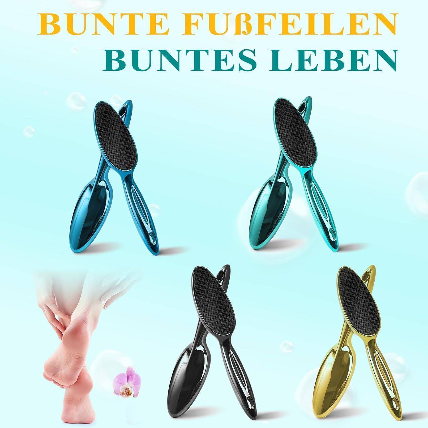Vier bunte Fußfeilen auf einem hellblauen Hintergrund, mit dem Text 'Bunte Fußfeilen Buntes Leben'. Ein Paar Füße und Blumen sind zu sehen.