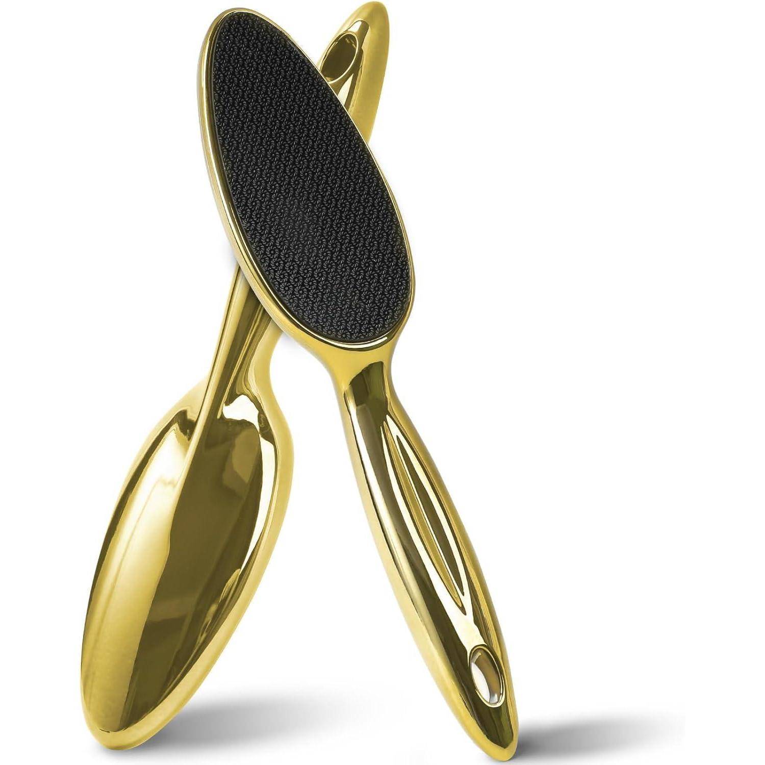 Goldfarbene Fußfeile mit strukturierter schwarzer Oberfläche, entwickelt zum Entfernen von Hornhaut und abgestorbener Haut, mit ergonomischem Griff.