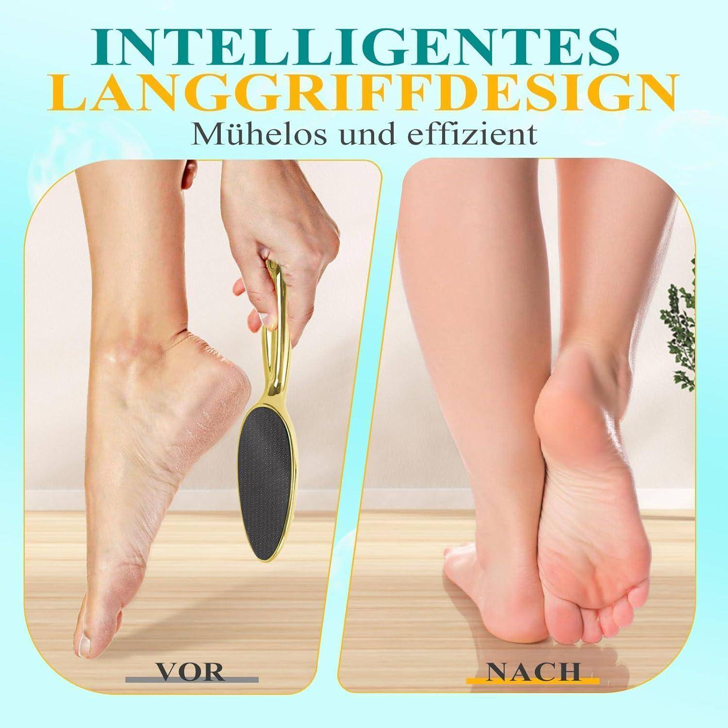 Das Bild zeigt einen Vorher-Nachher-Vergleich der Fußpflege mit einer Hornhautfeile. Links ist eine Hand zu sehen, die eine Hornhautfeile an einem Fuß verwendet, mit der Beschriftung 