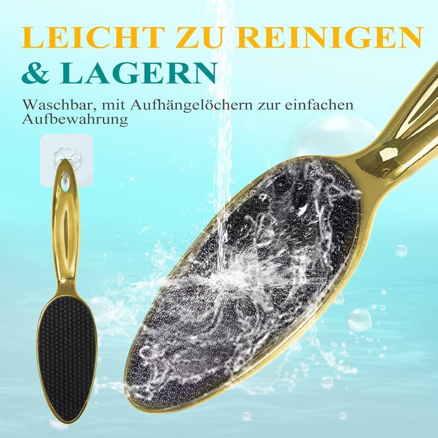 Eine Goldschuhbürste, die mit Wasser abgespült wird, wobei der leichte Reinigungsaspekt betont wird. Deutscher Text lautet: 'Leicht zu reinigen & lagern'.