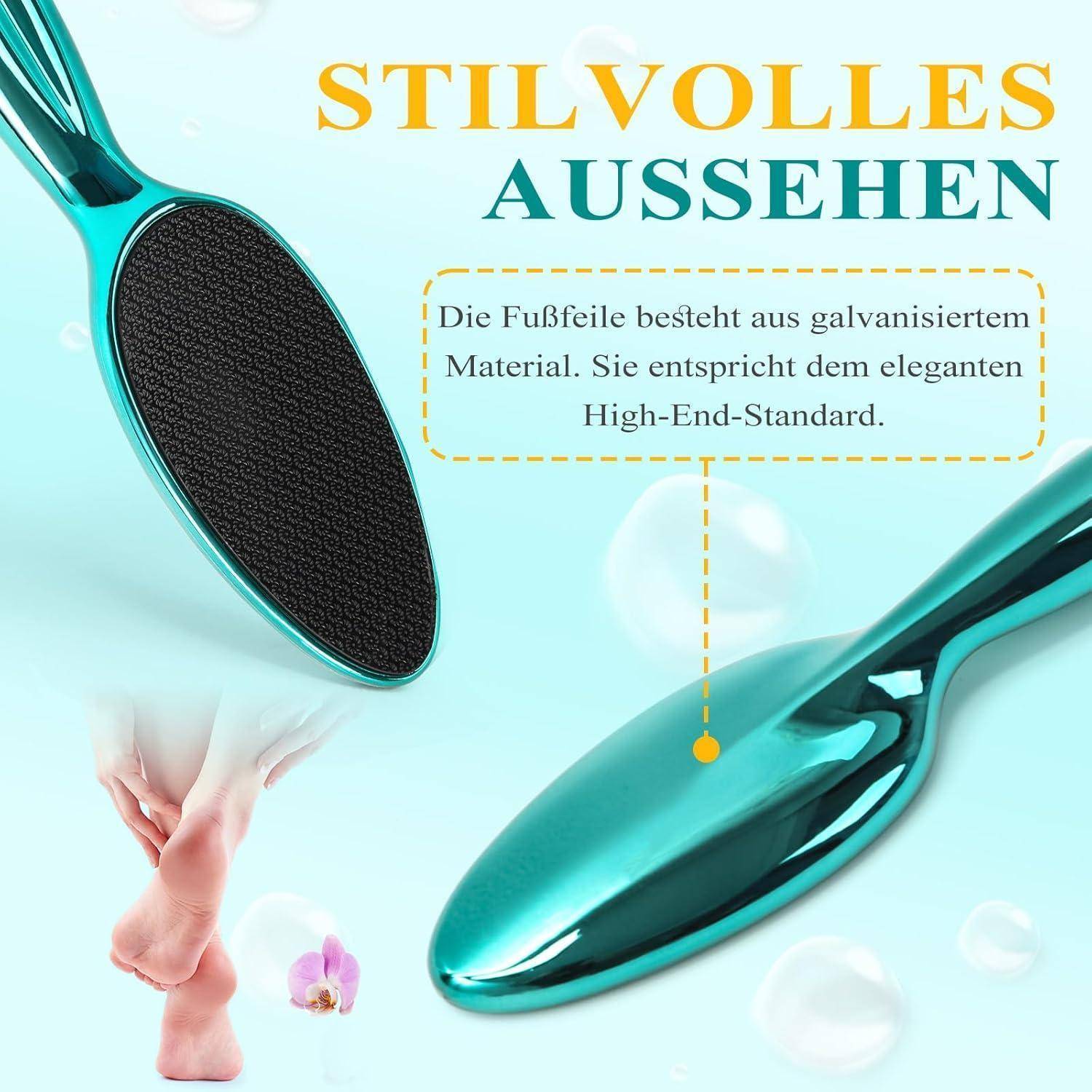 Eine türkisfarbene Fußfeile neben den Wörtern 'Stilvolles Aussehen'. Der Text besagt, dass sie aus verzinktem Material gefertigt ist, das höchsten Standards entspricht.