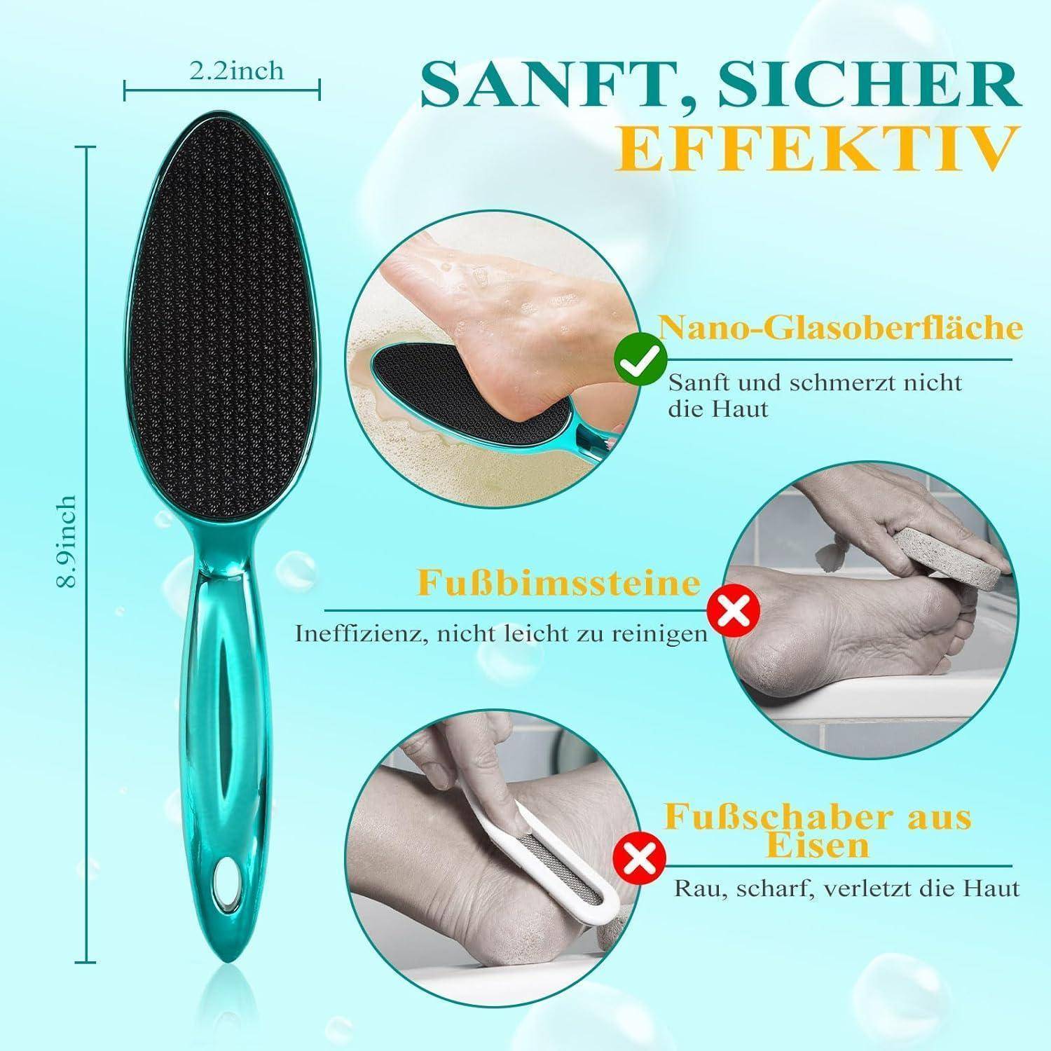 Fußfeile-Werbung mit Hervorhebung der Vorteile: 'Nano-Glas-Oberfläche für sanfte Hautpflege.' Vergleich: 'Vermeiden Sie wirkungslose Steine und schädliche Eisenschaber.