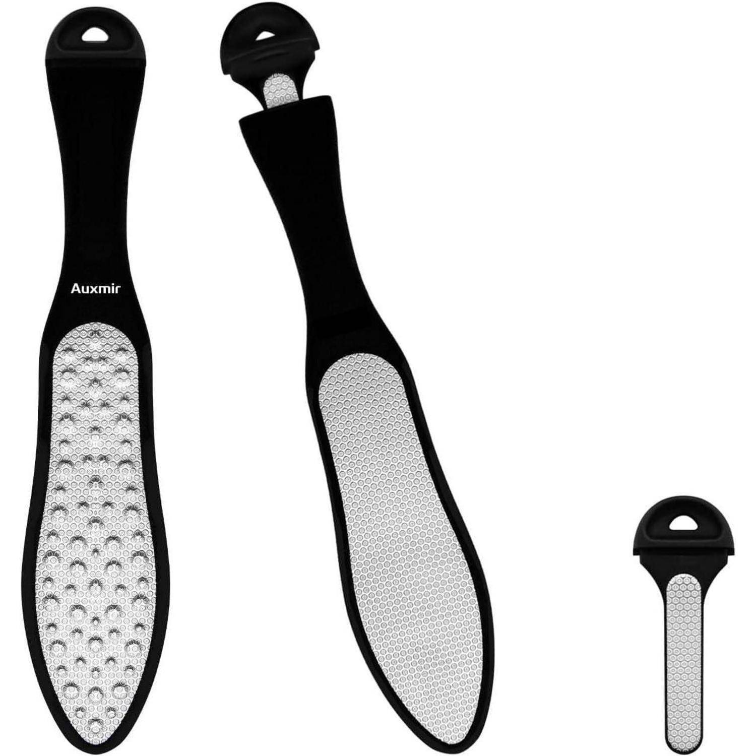 Schwarze und silberne Fußfeile mit einer strukturierten Feiloberfläche, entwickelt für die Fußpflege. Der Griff trägt den Markennamen 'Auxmir'.