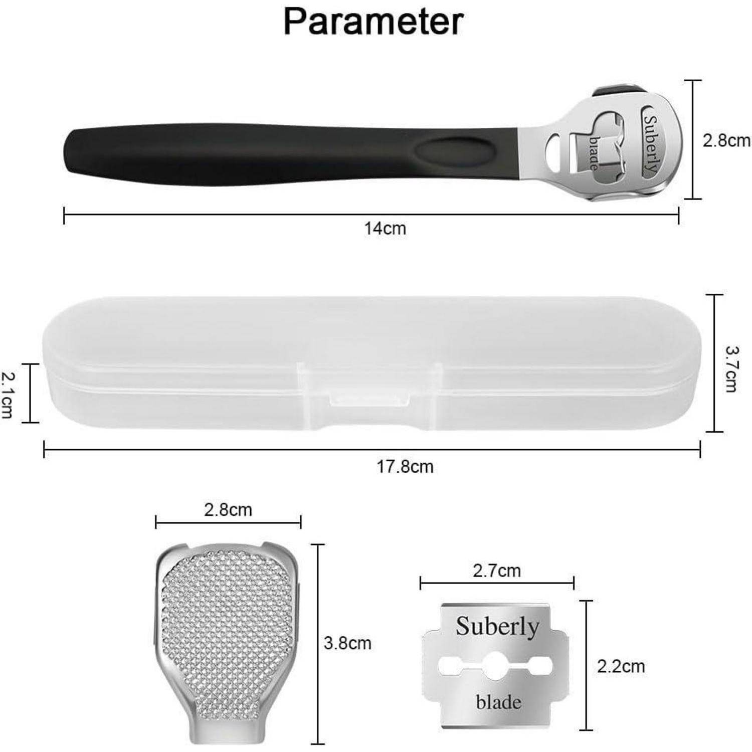 Das Bild 'Parameter' zeigt ein Fußfeile-Werkzeug mit Griff (14 cm) und Etui (17,8 cm x 3,7 cm), zusätzlich mit einer geriffelte Oberfläche und einer Klinge mit der Bezeichnung 'Suberly'.