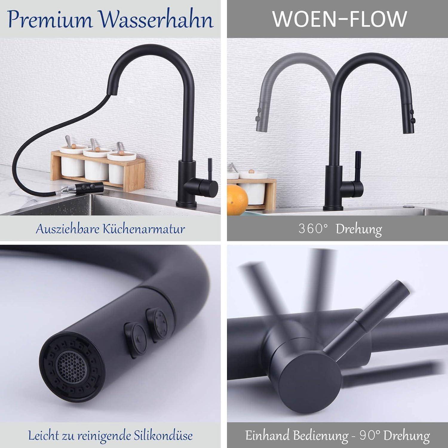 Wasserhahn Küche Schwarz Hochdruck Ausziehbar 360° Schwenkbar Brause 2