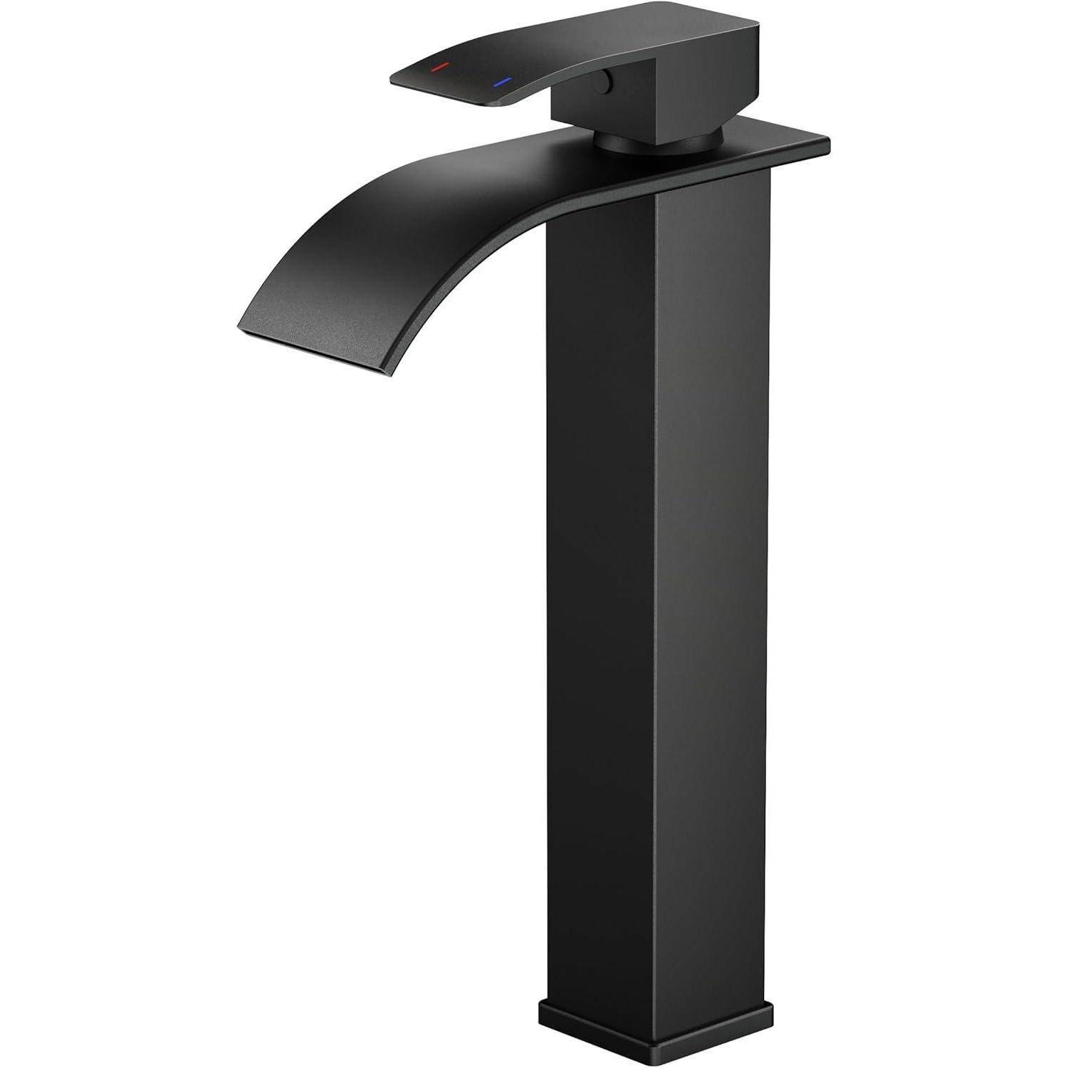 Eine elegante, moderne schwarze Armatur mit geschwungenem Auslauf und einem Einhebelgriff, ideal für zeitgenössische Badezimmergestaltungen.