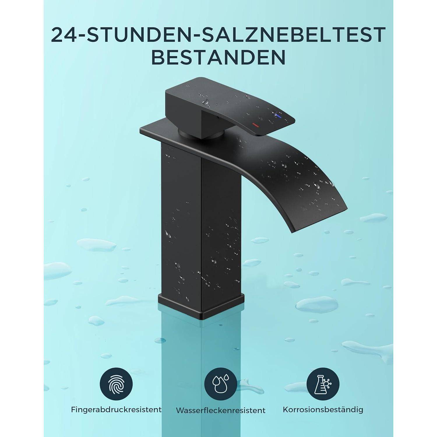 Eine schwarze Armatur ist zu sehen, mit Wassertropfen. Der Text lautet: „24-Stunden-Salznebeltest bestanden.