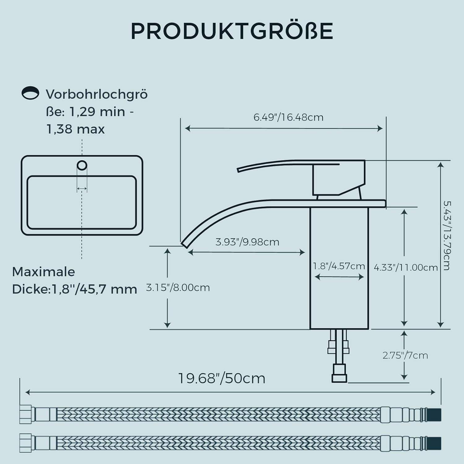 Produktgröße' Diagramm mit Abmessungen einer Armatur- und Waschbeckeninstallation: Armaturhöhe 5,43