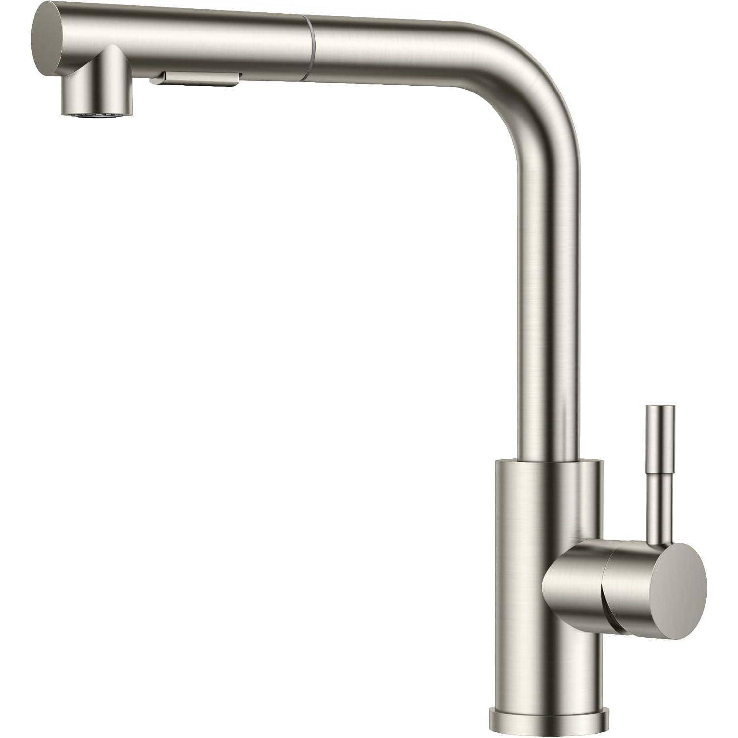 Ein moderner Wasserhahn aus Edelstahl mit hohem Auslauf und einem Einhandgriff, konzipiert für eine zeitgemäße Küchenumgebung.